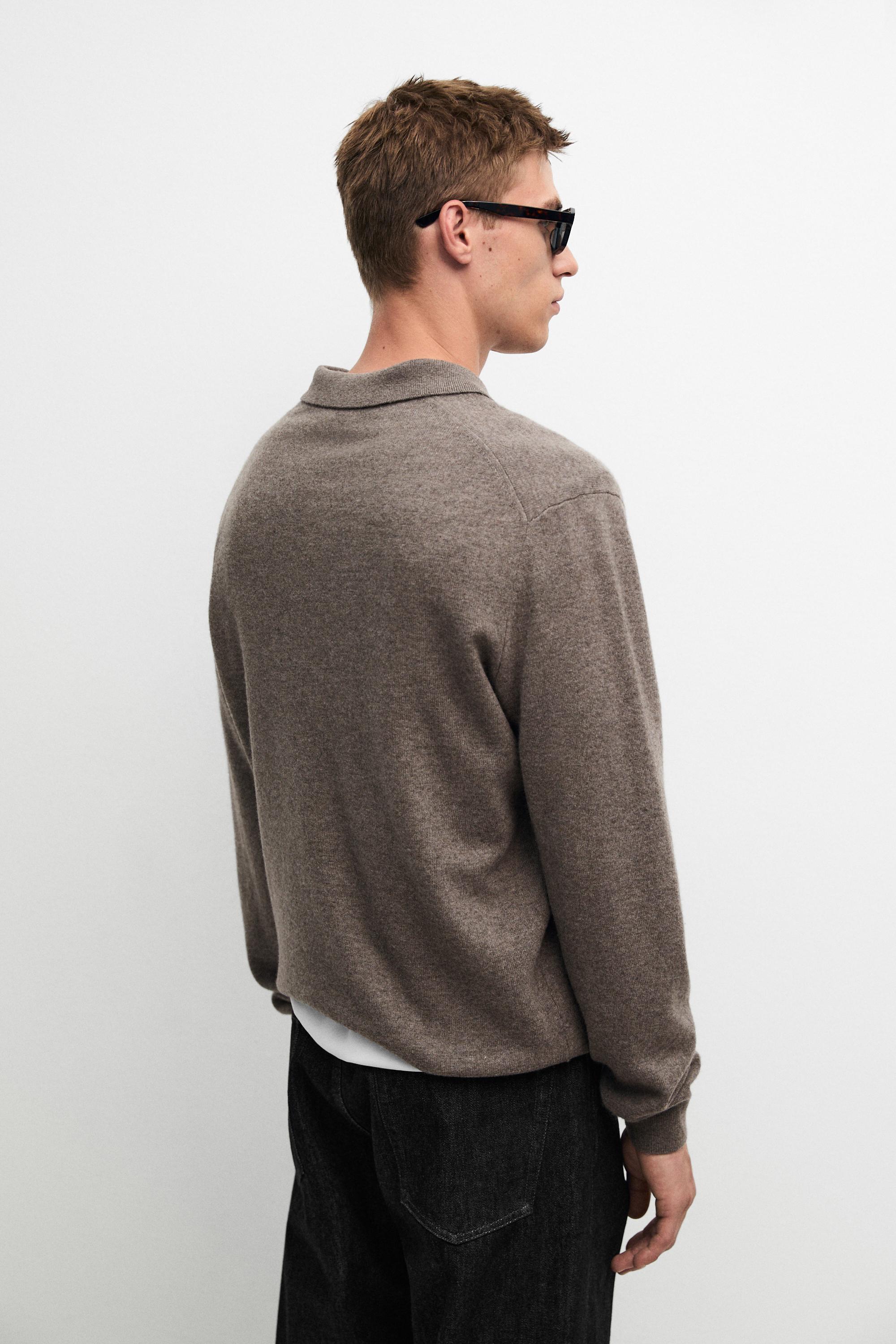 Wool blend knit polo sweater — DARK KHAKI