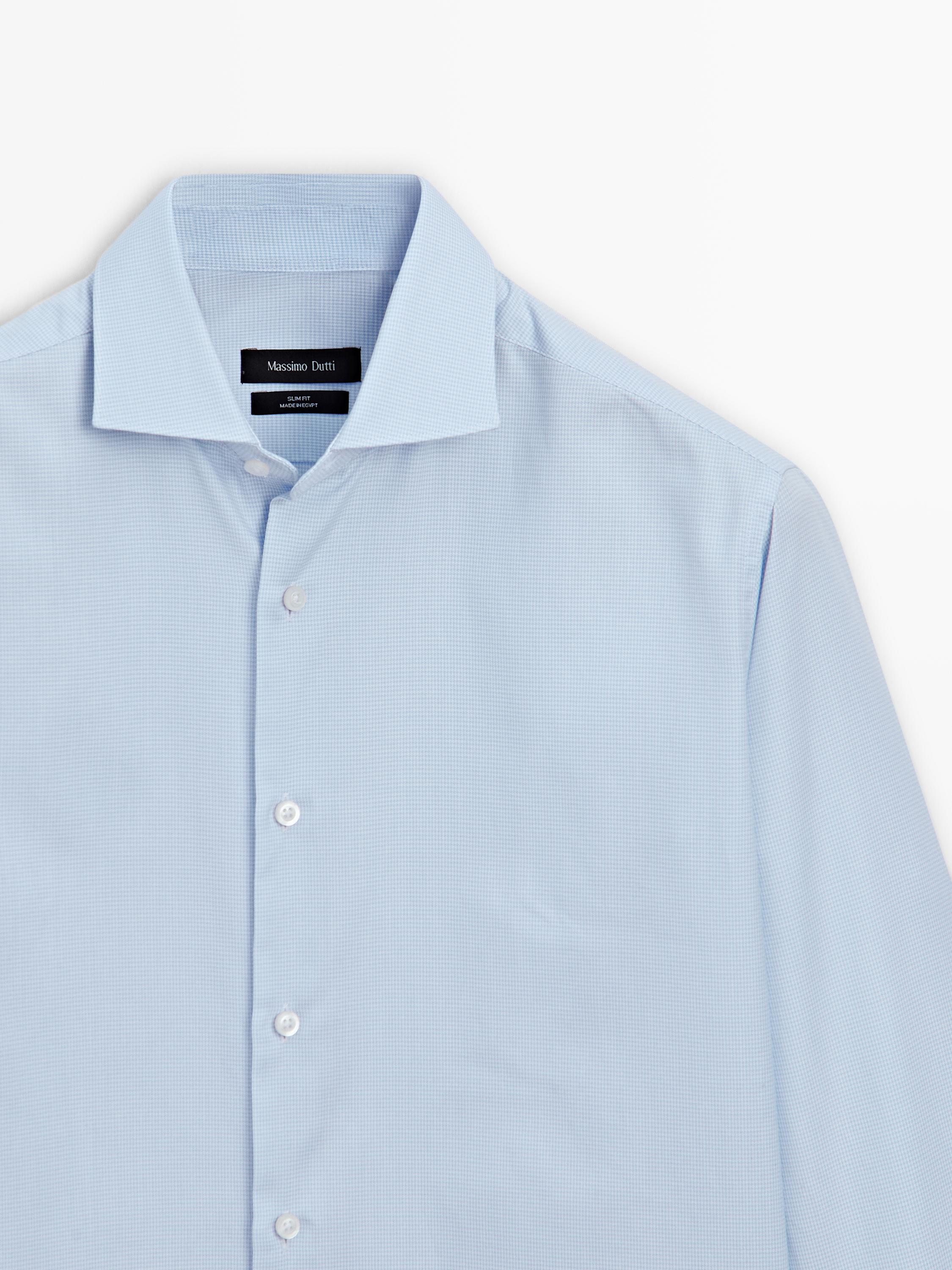 Slim fit micro-checked 100% cotton shirt — SKY BLUE