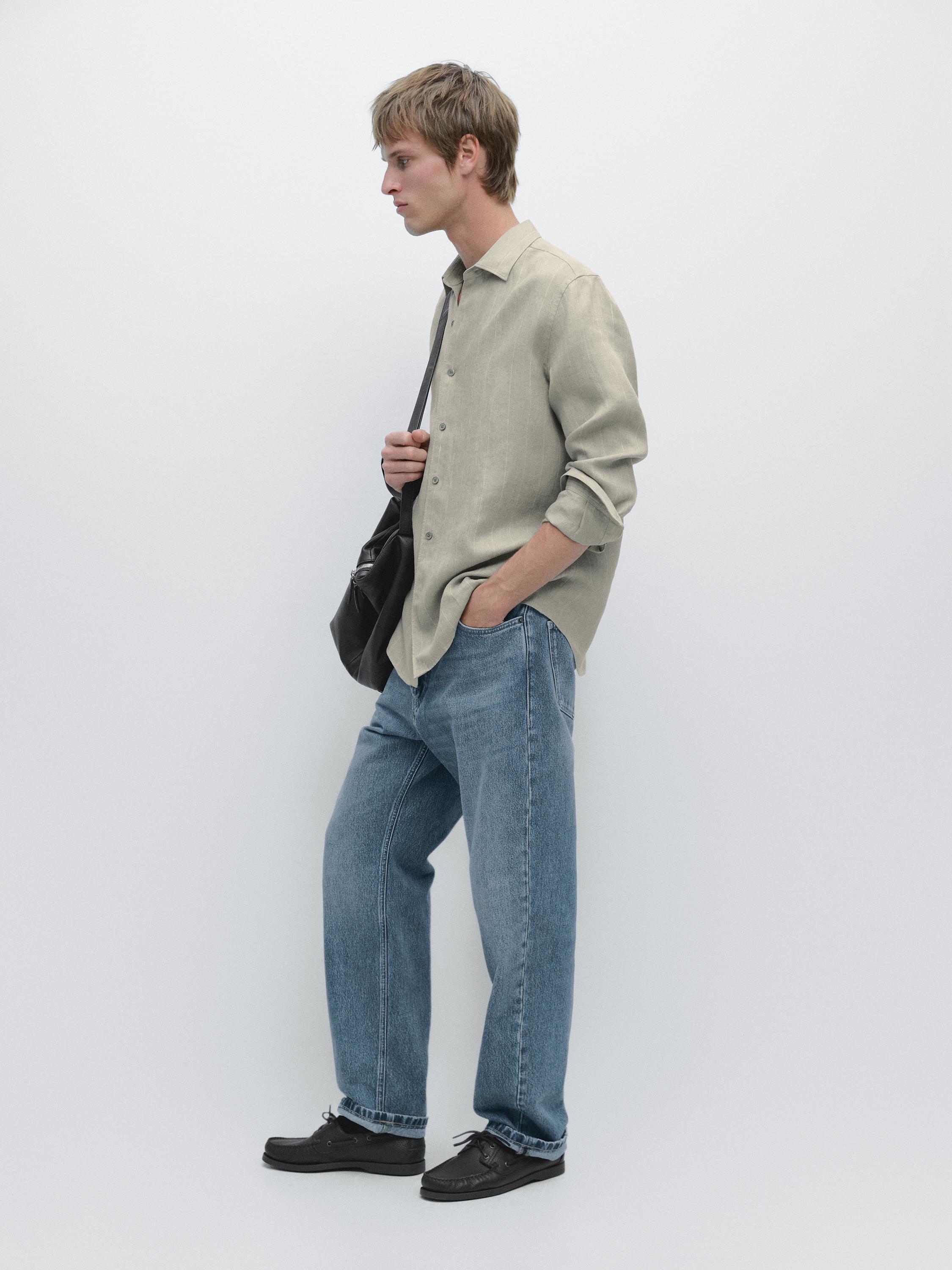 100% linen regular fit striped shirt — PALE GREEN