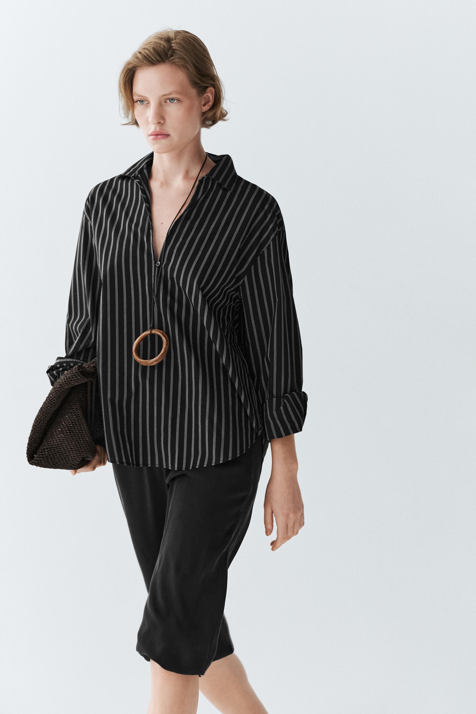 Striped cotton blend shirt — BLACK