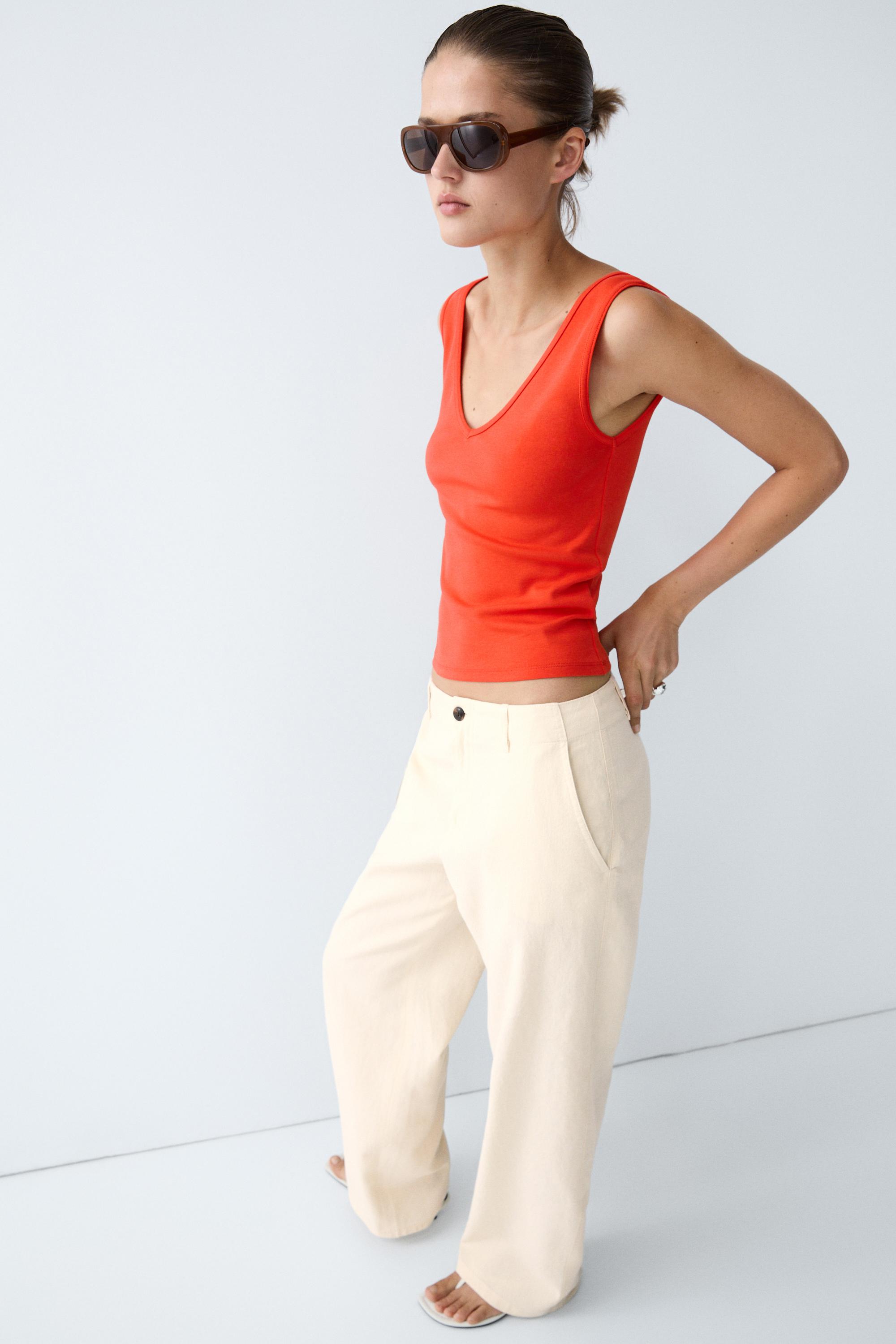 Cotton blend strappy top — CORAL