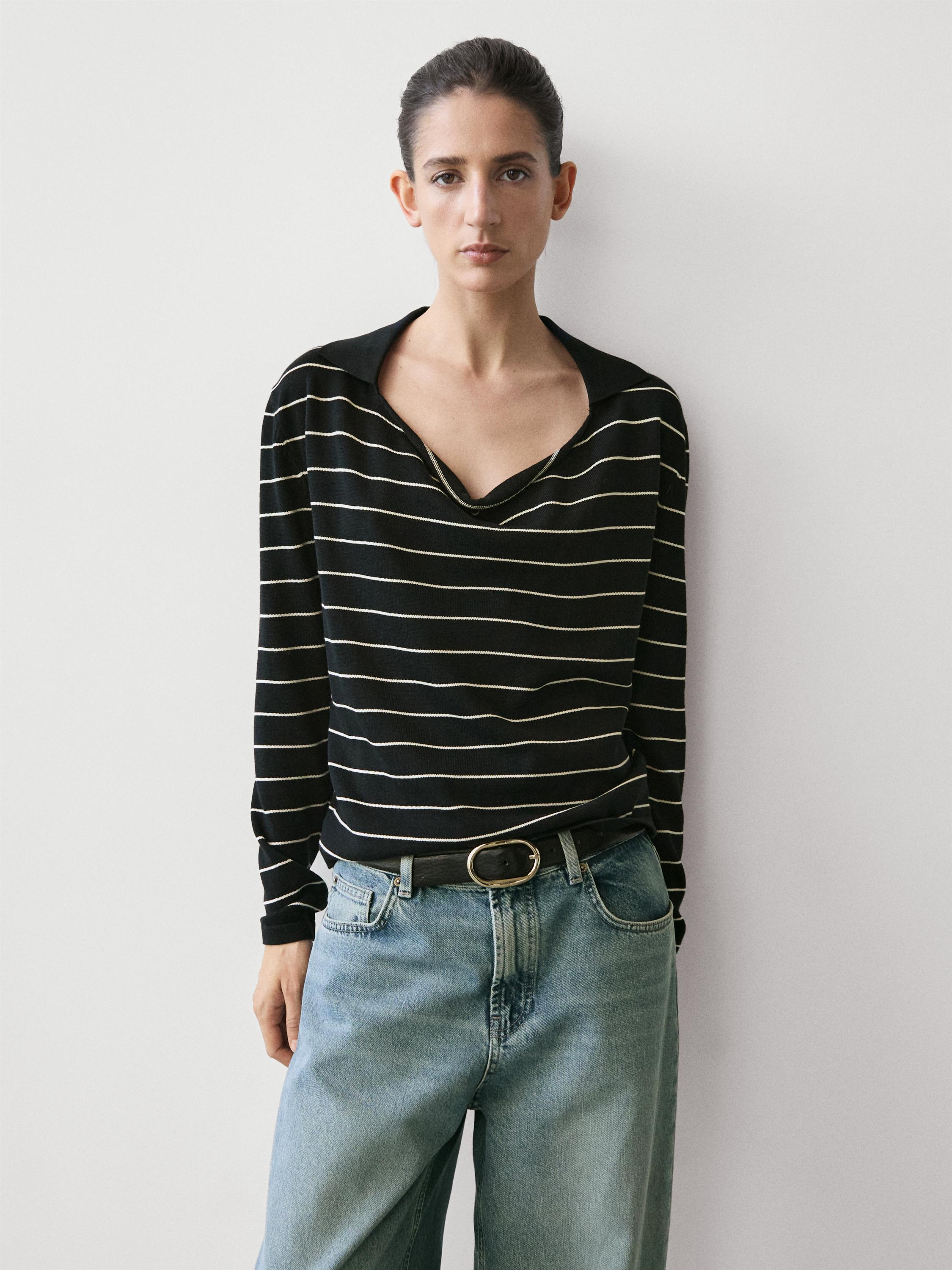 Cotton striped knit polo sweater