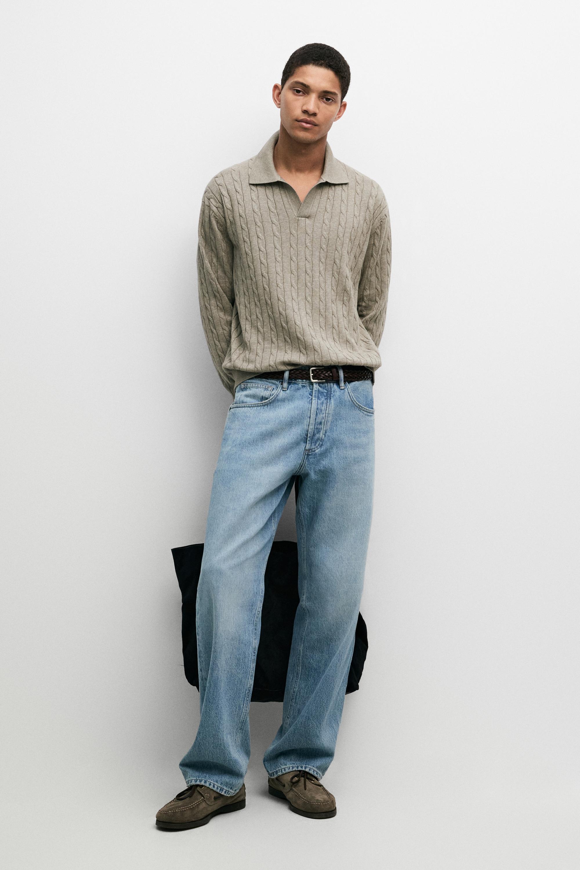100% Cotton Cable-Knit Polo Sweater — Greyish green