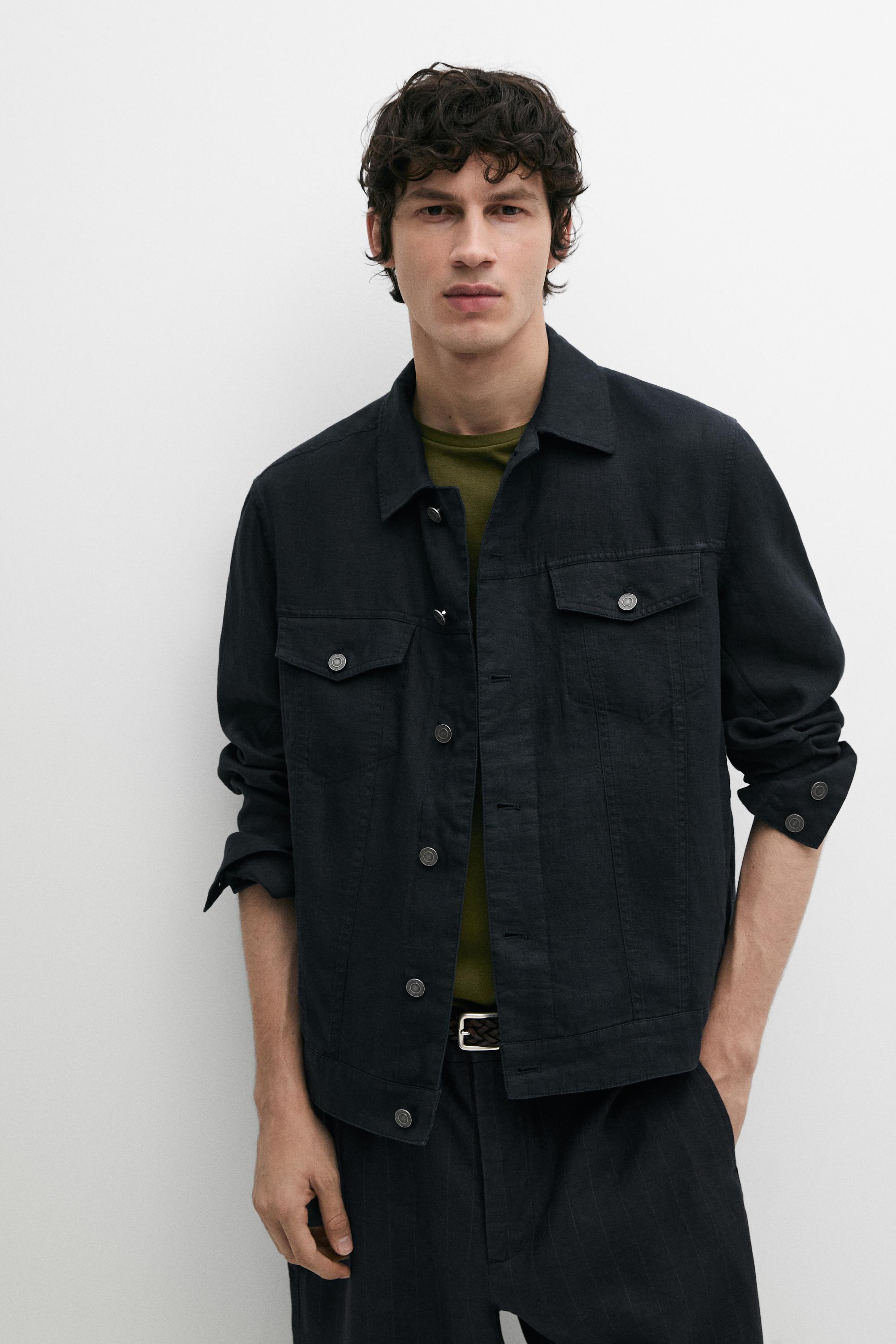 100% linen trucker jacket — NAVY BLUE