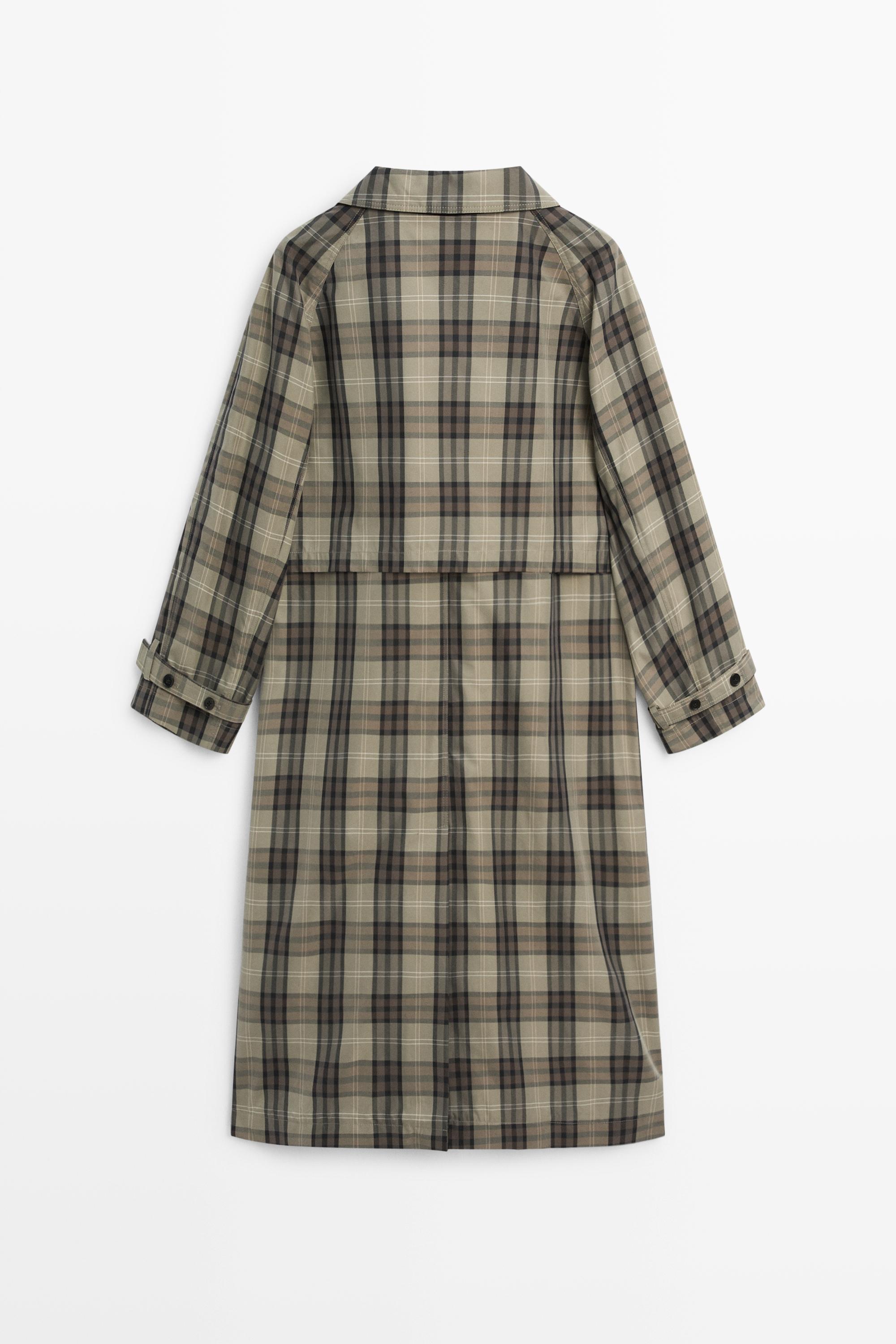 Long cotton blend plaid trench coat — Powder