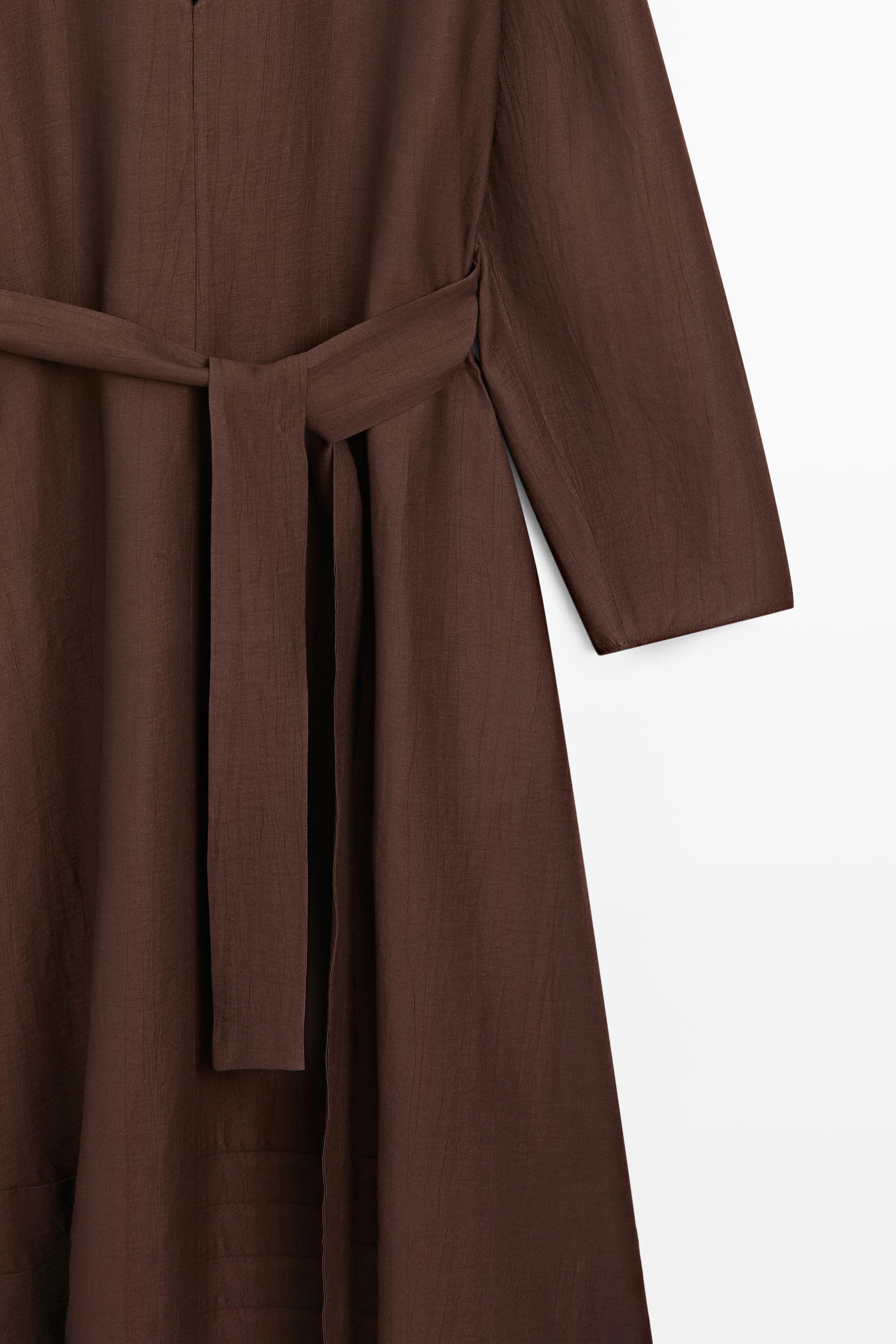 Flowing linen blend midi dress with belt — BROWN
