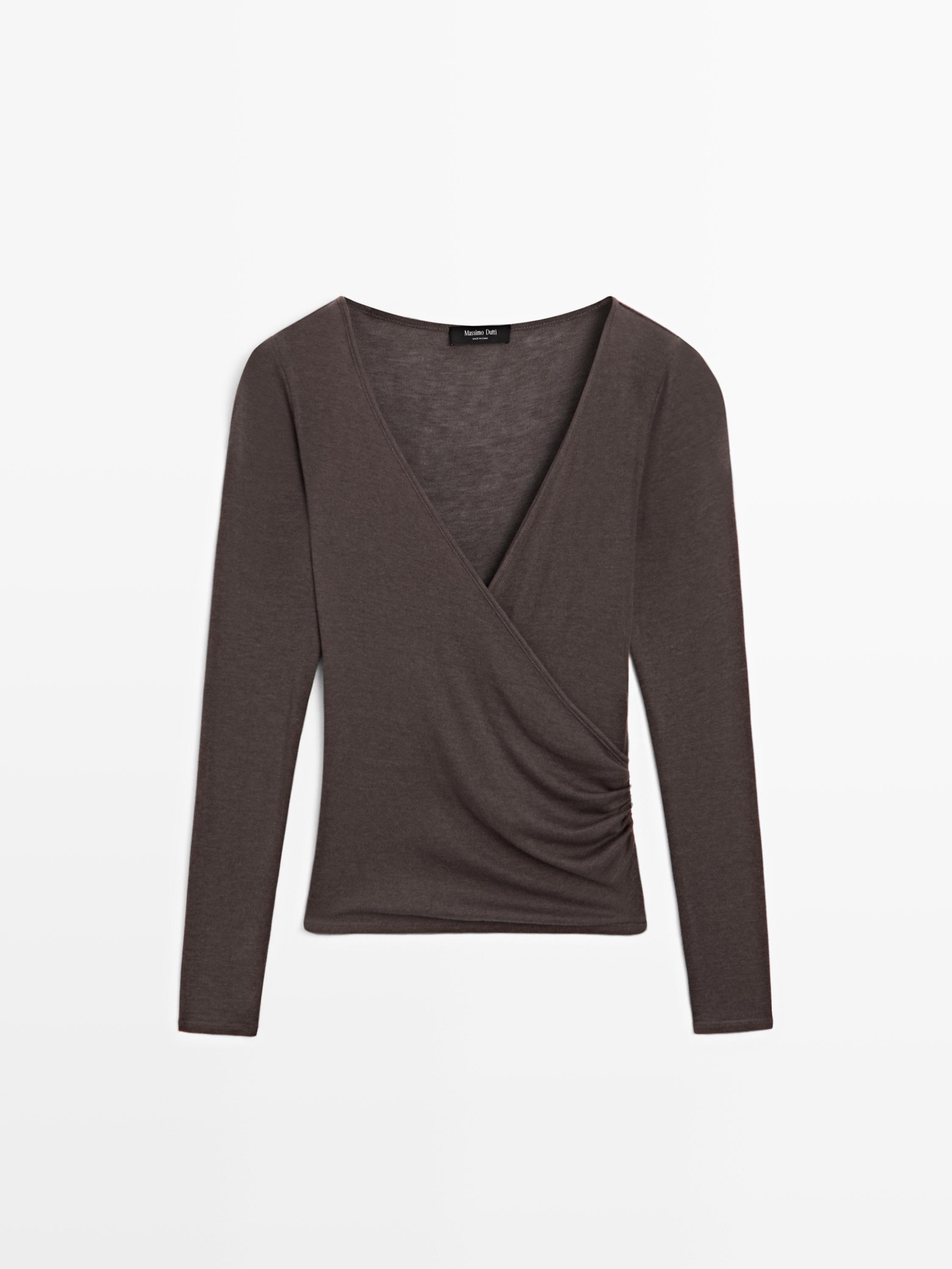 Lyocell and wool top with surplice neckline