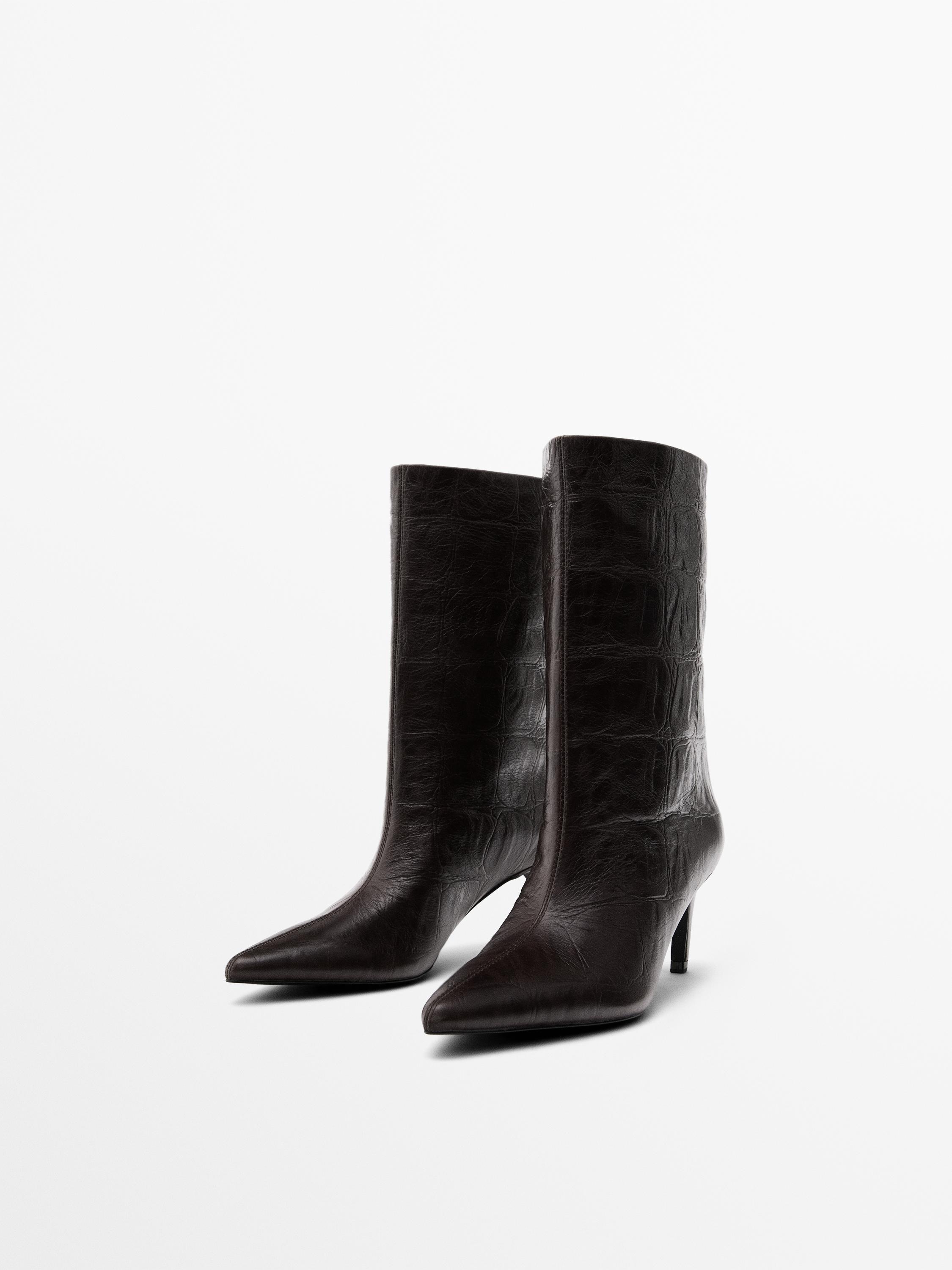 Embossed leather high-heel ankle boots