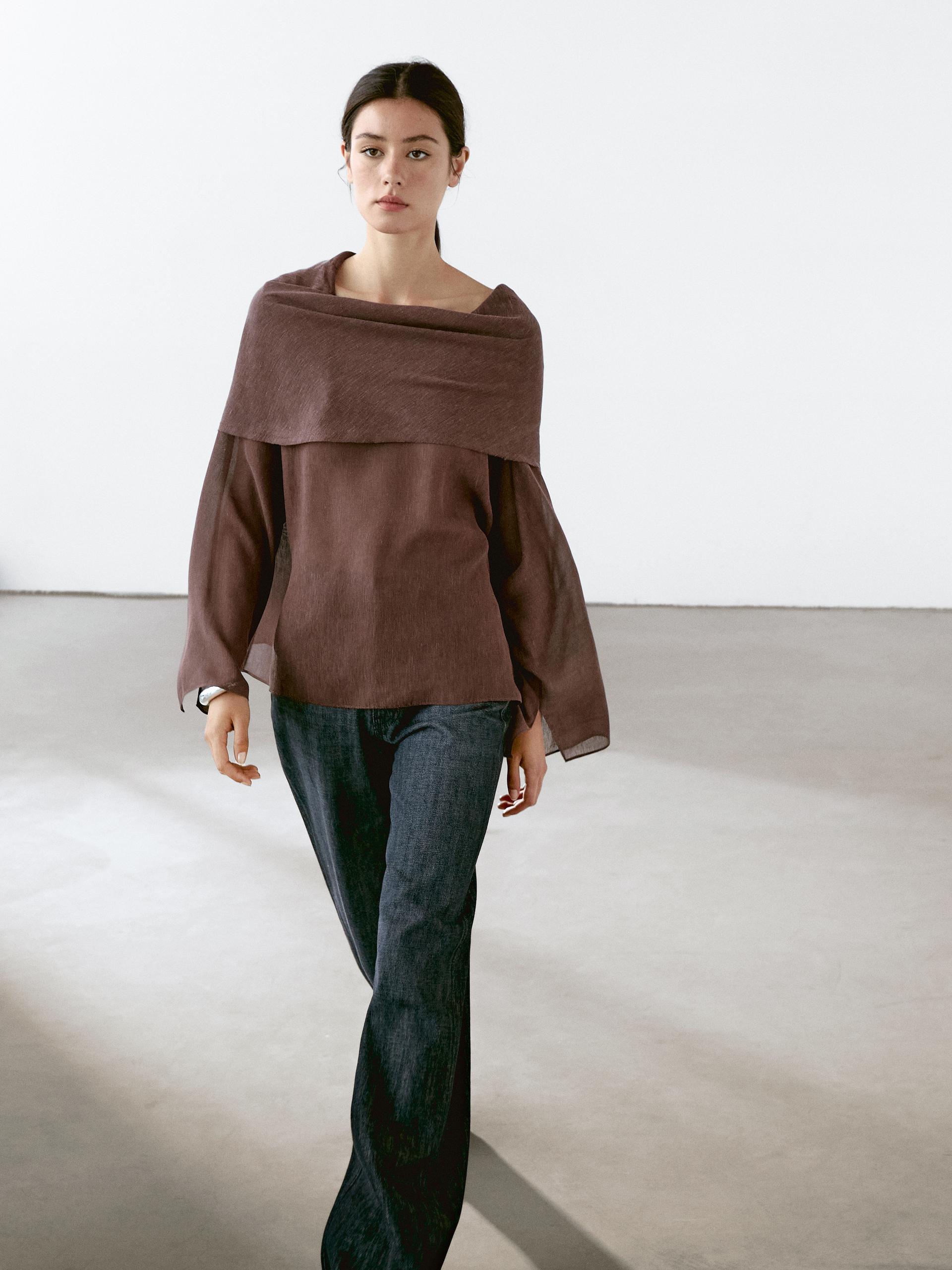 Camicetta Stile Mantella In Misto Lino - Marrone - S - Massimo Dutti - Femminile