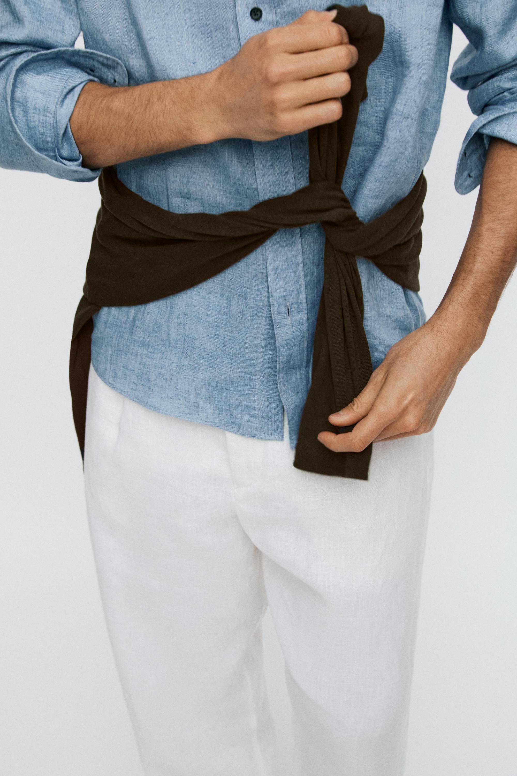 Regular fit contrast button 100% linen shirt — BLUE