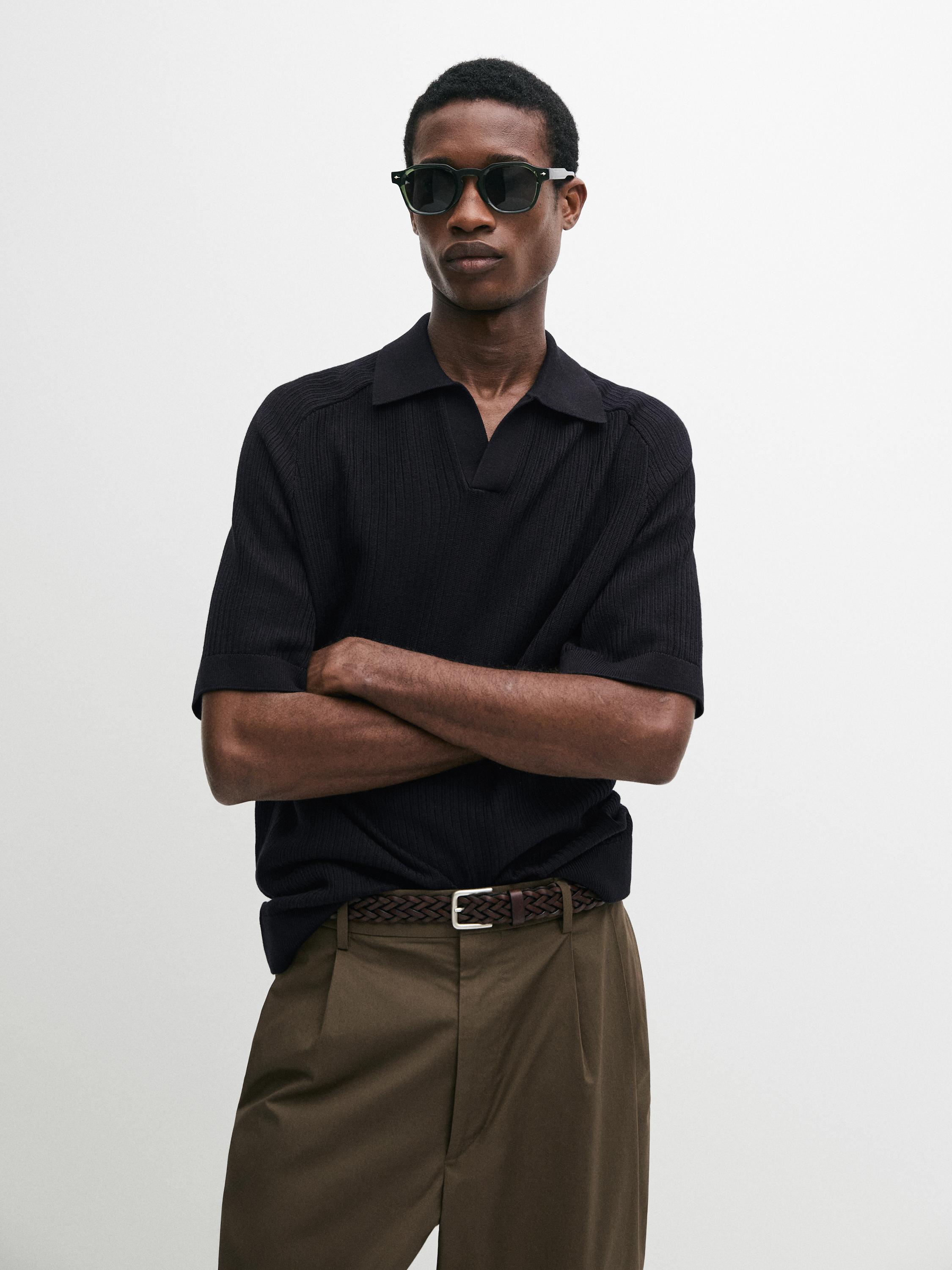 Ribbed knit cotton polo sweater — NAVY BLUE