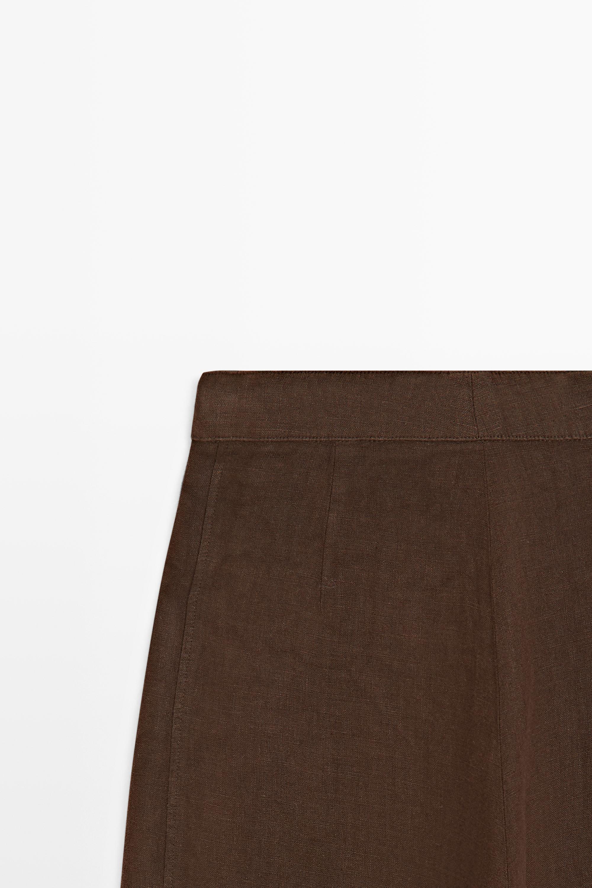 100% linen wide-leg pleated trousers — BROWN