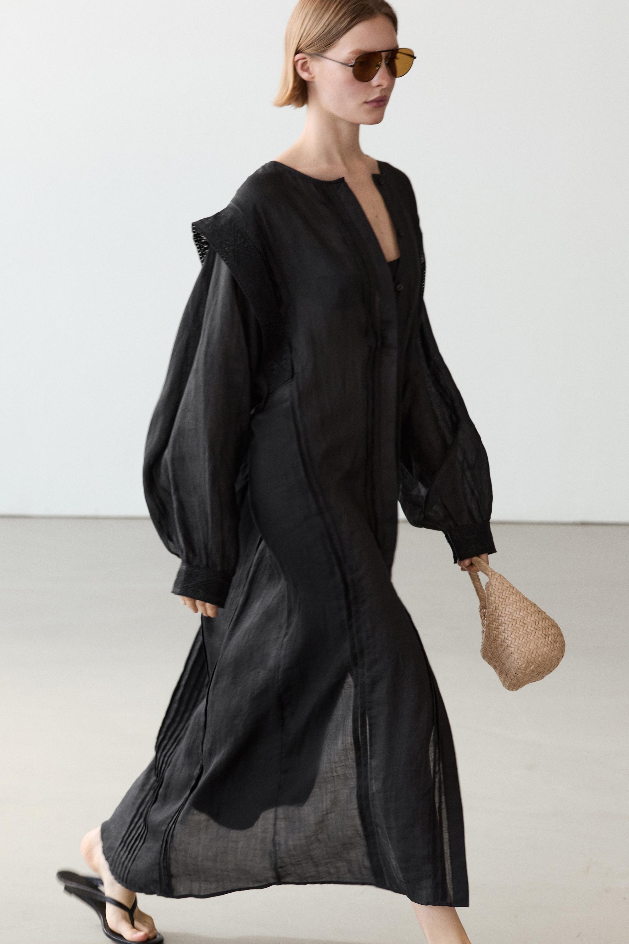 Midi dress with lace sleeves — BLACK