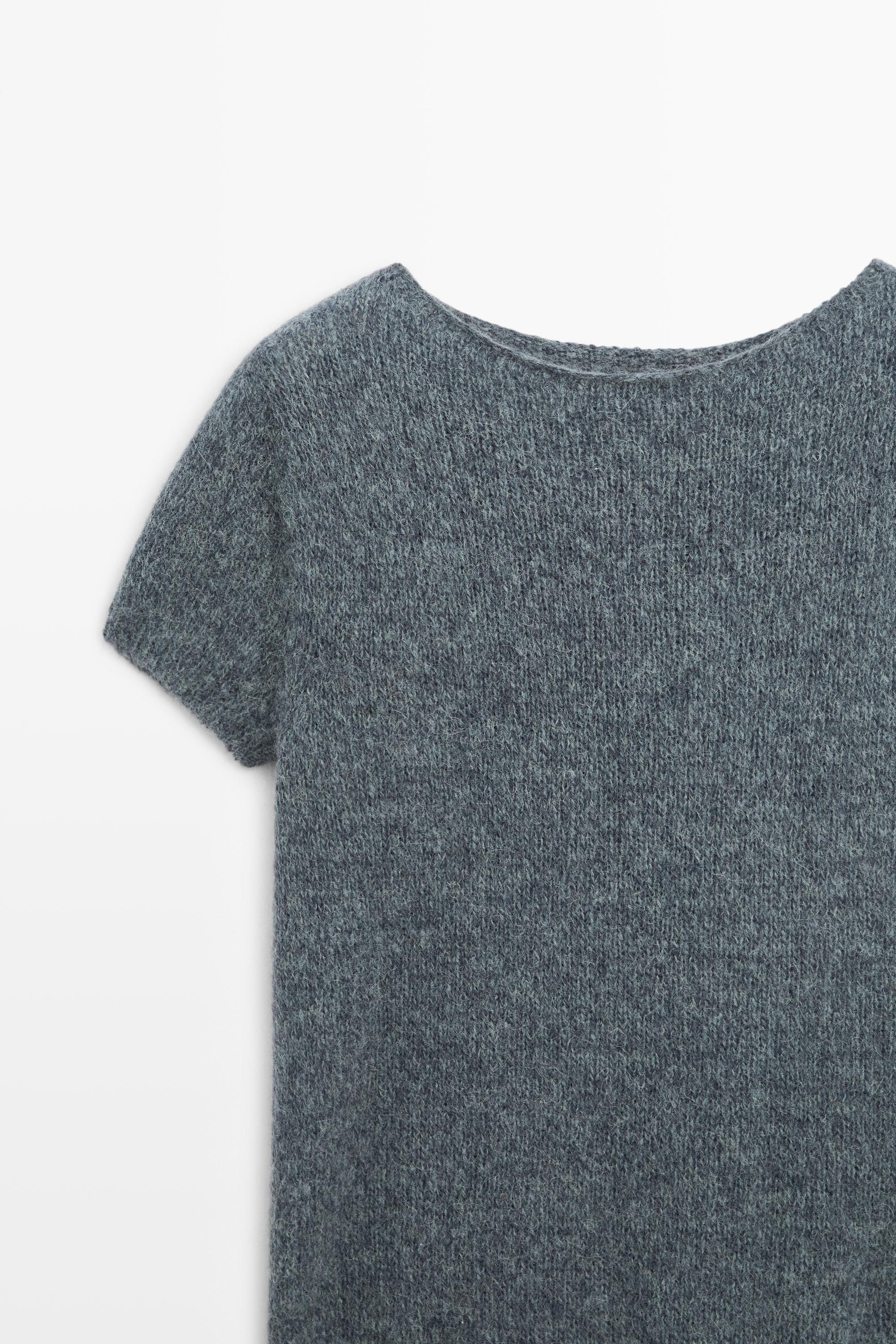 Short sleeve alpaca blend knit sweater — GREY BLUE