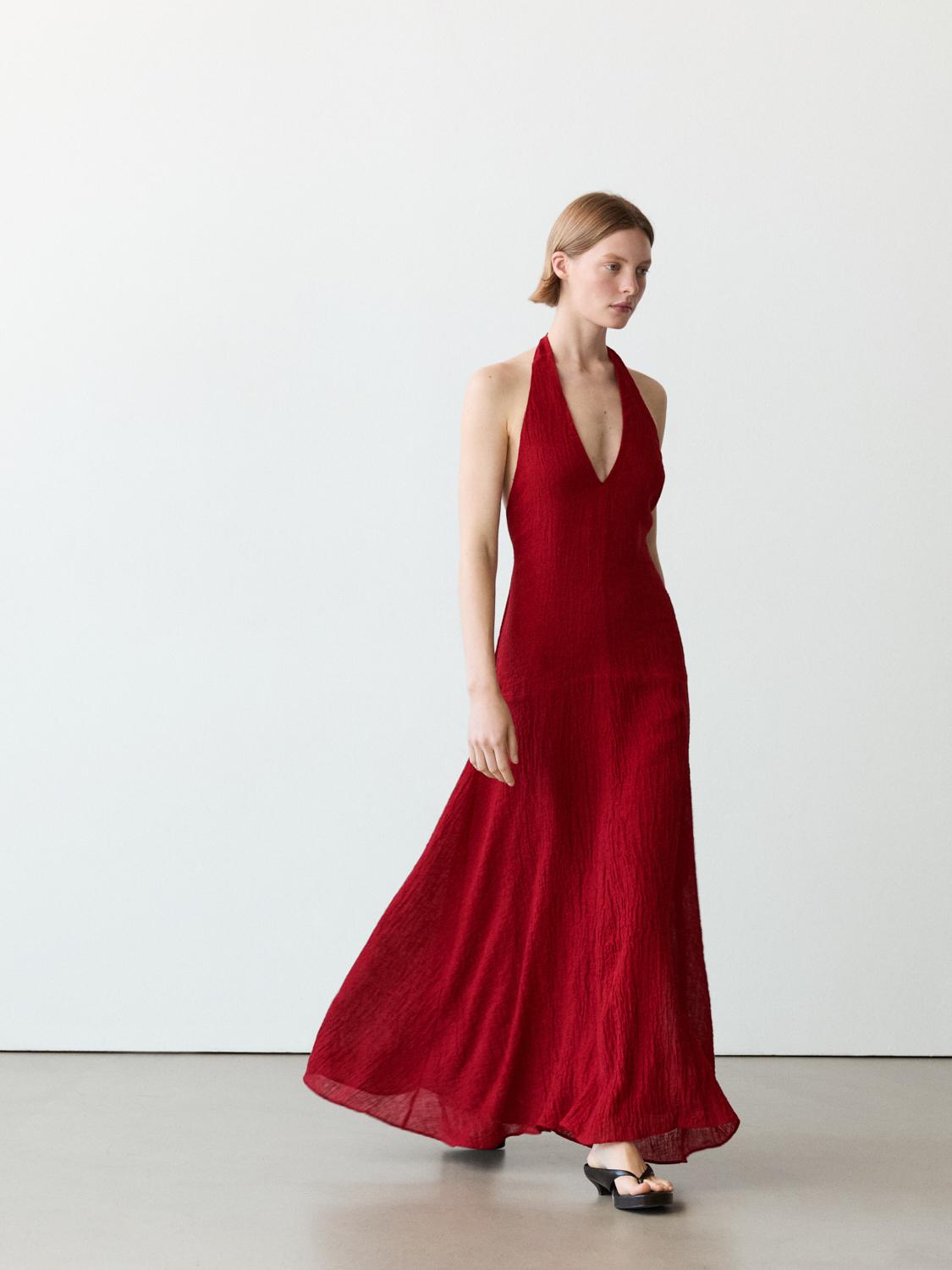 Long 100% Linen Dress With Neckline Detail - Red - 4 - Massimo Dutti - Woman Long 100% Linen Dress With Neckline Detail - Red - 4 - Massimo Dutti - Woman