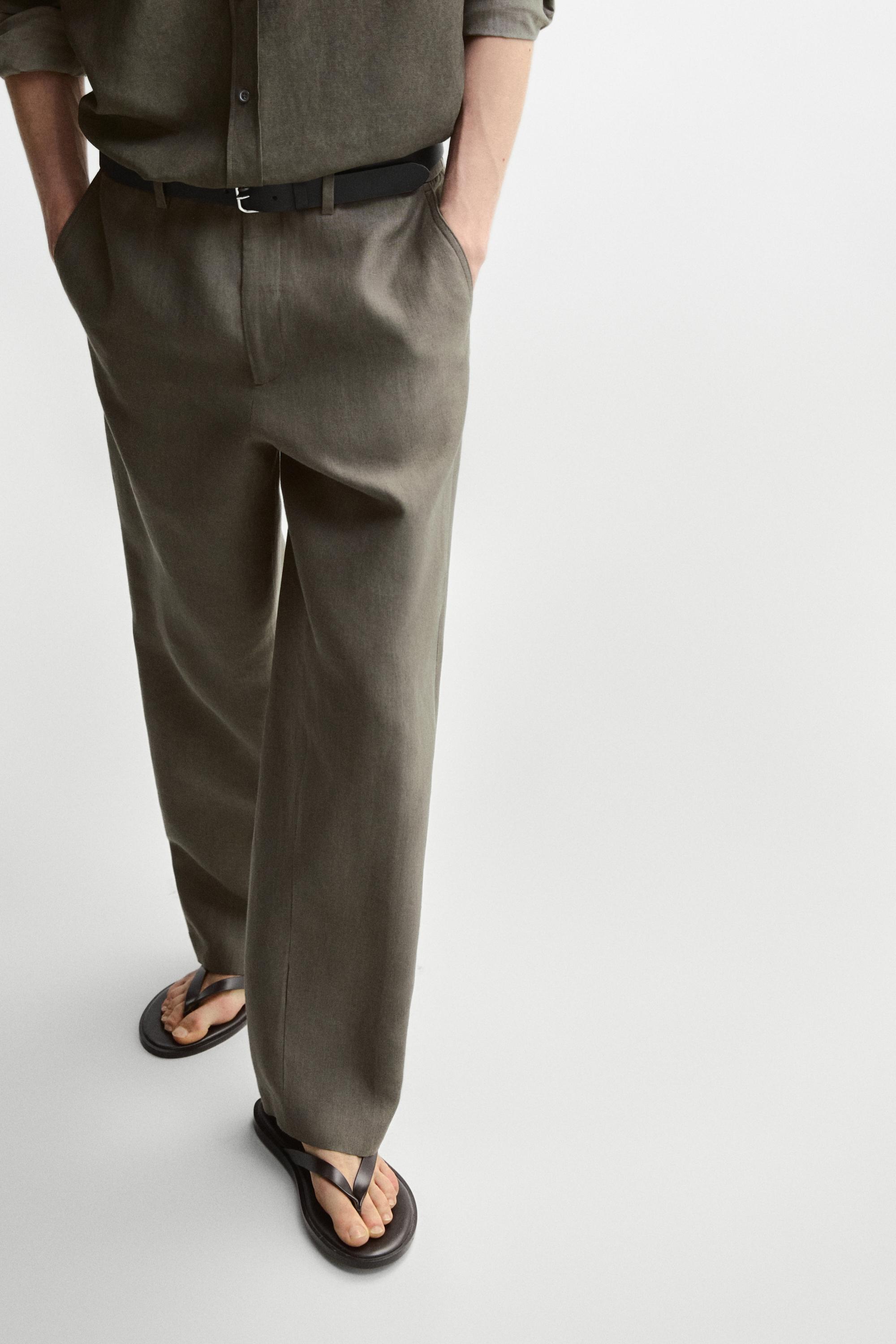 100% linen straight-leg trousers — GREEN