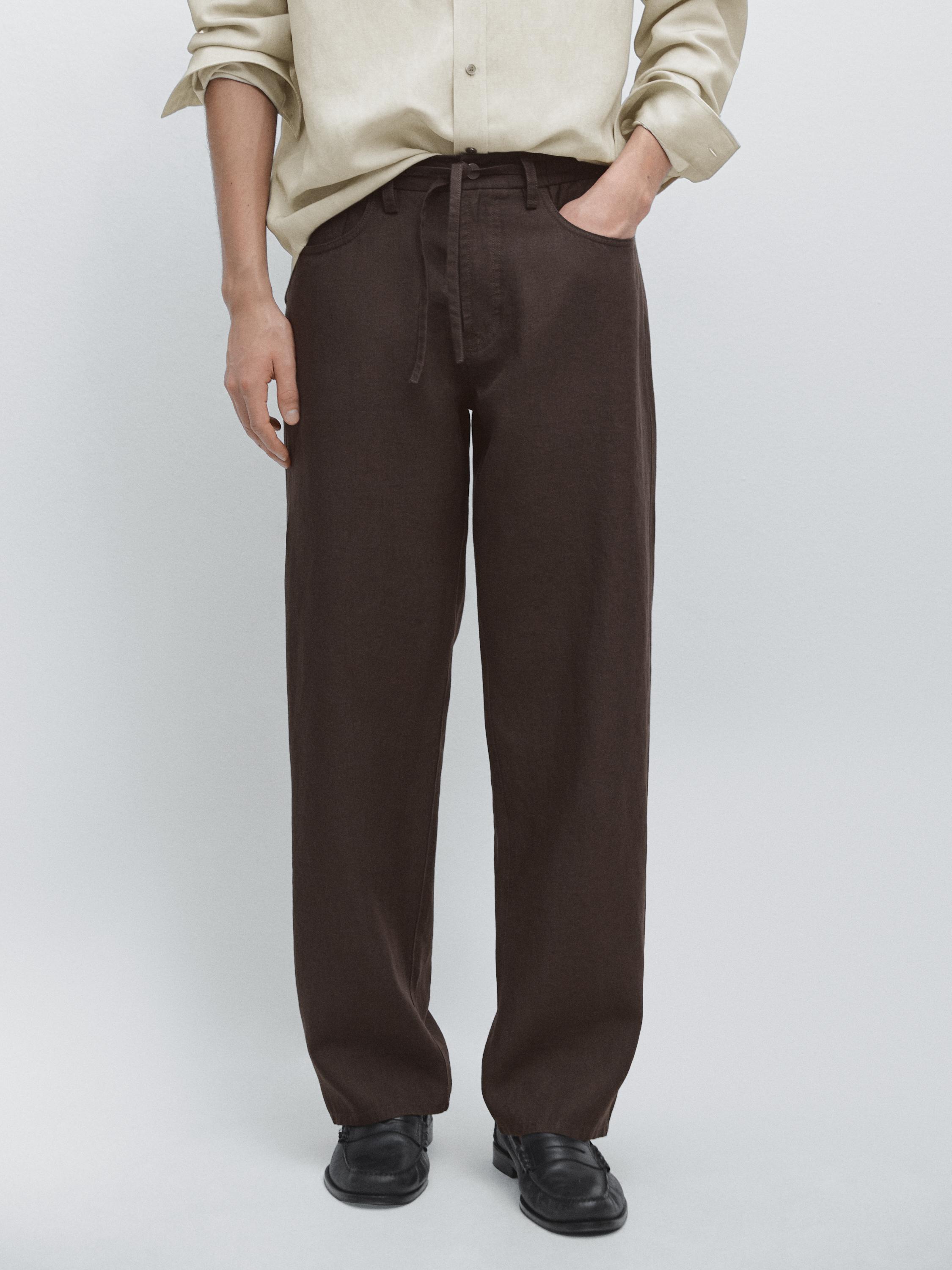 Linen jogger fit trousers — BROWN