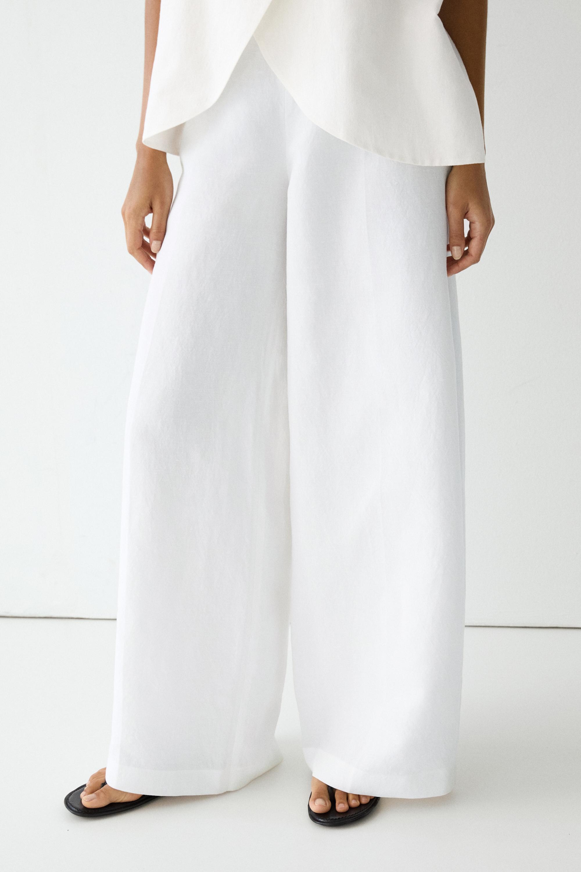 Total look flowing linen blend trousers — WHITE