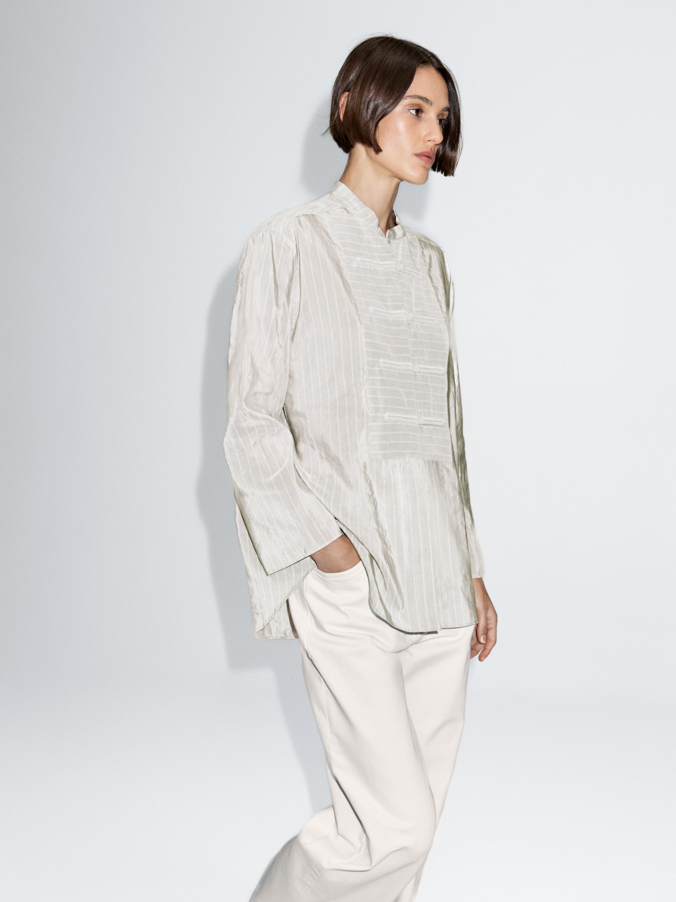 Striped oversize blouse with stand collar