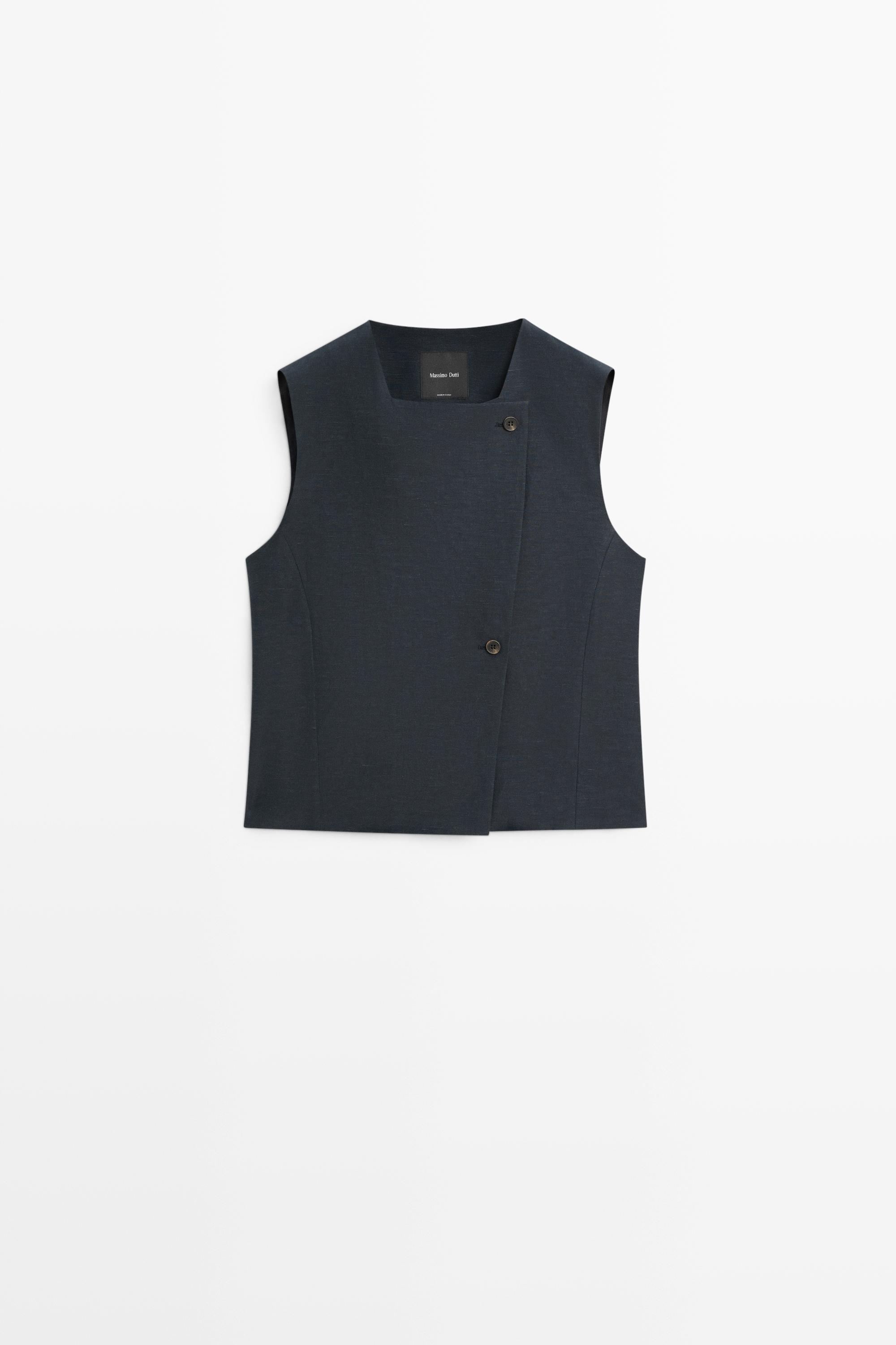 Linen blend asymmetric button-up vest — NAVY BLUE