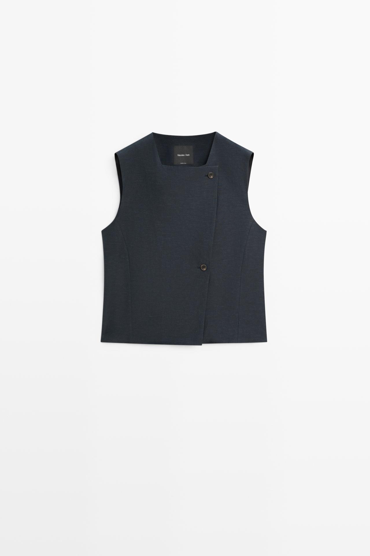 Linen blend asymmetric button-up vest — NAVY BLUE