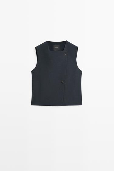 Linen blend asymmetric button-up vest — NAVY BLUE 2
