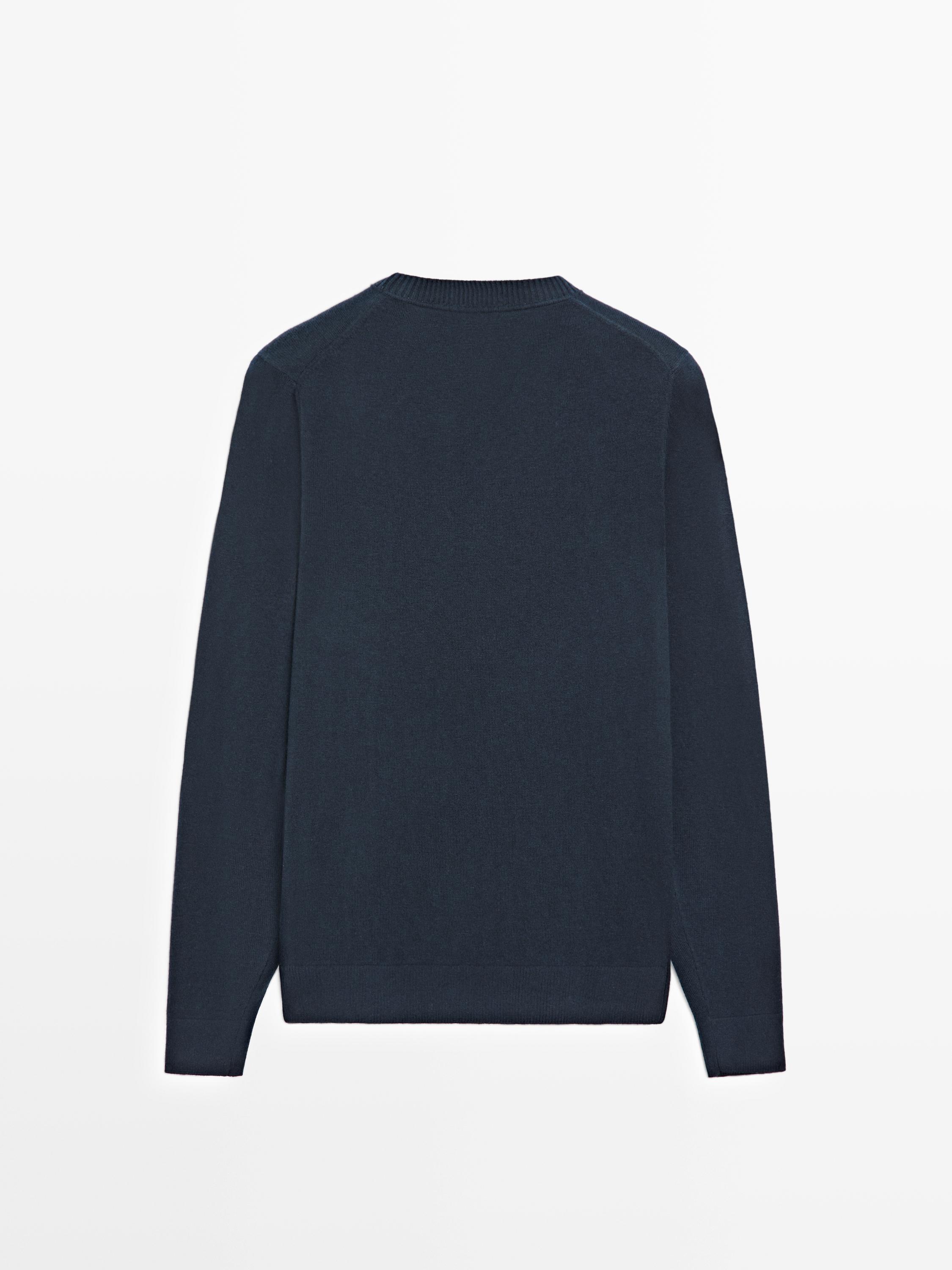 Knit cotton and wool sweater with crew neck — NAVY BLUE