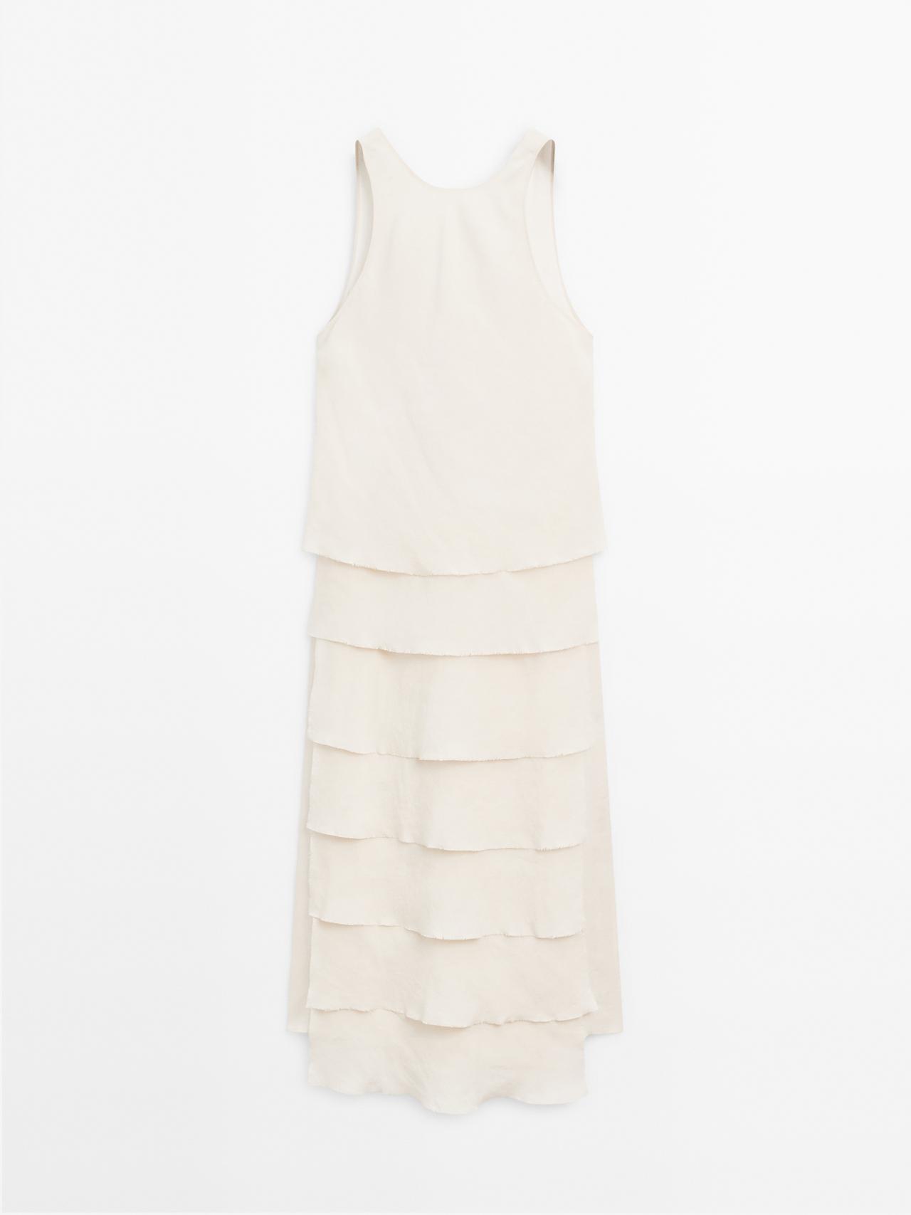 Massimo Dutti - Dame - Lang, Loose Fit Kjole Med Flæser - Råhvid - M