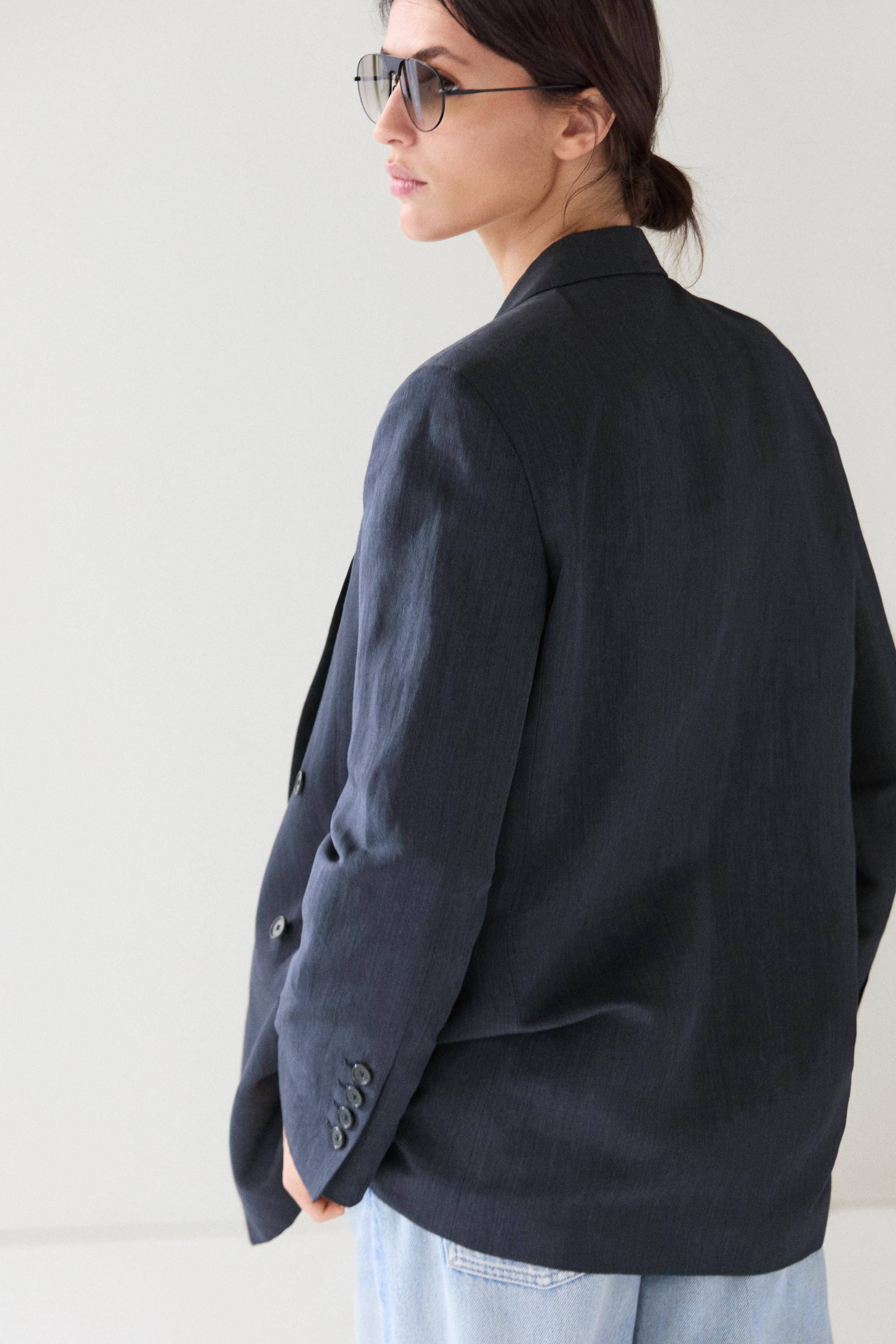 Melange linen blend double-breasted blazer — NAVY BLUE