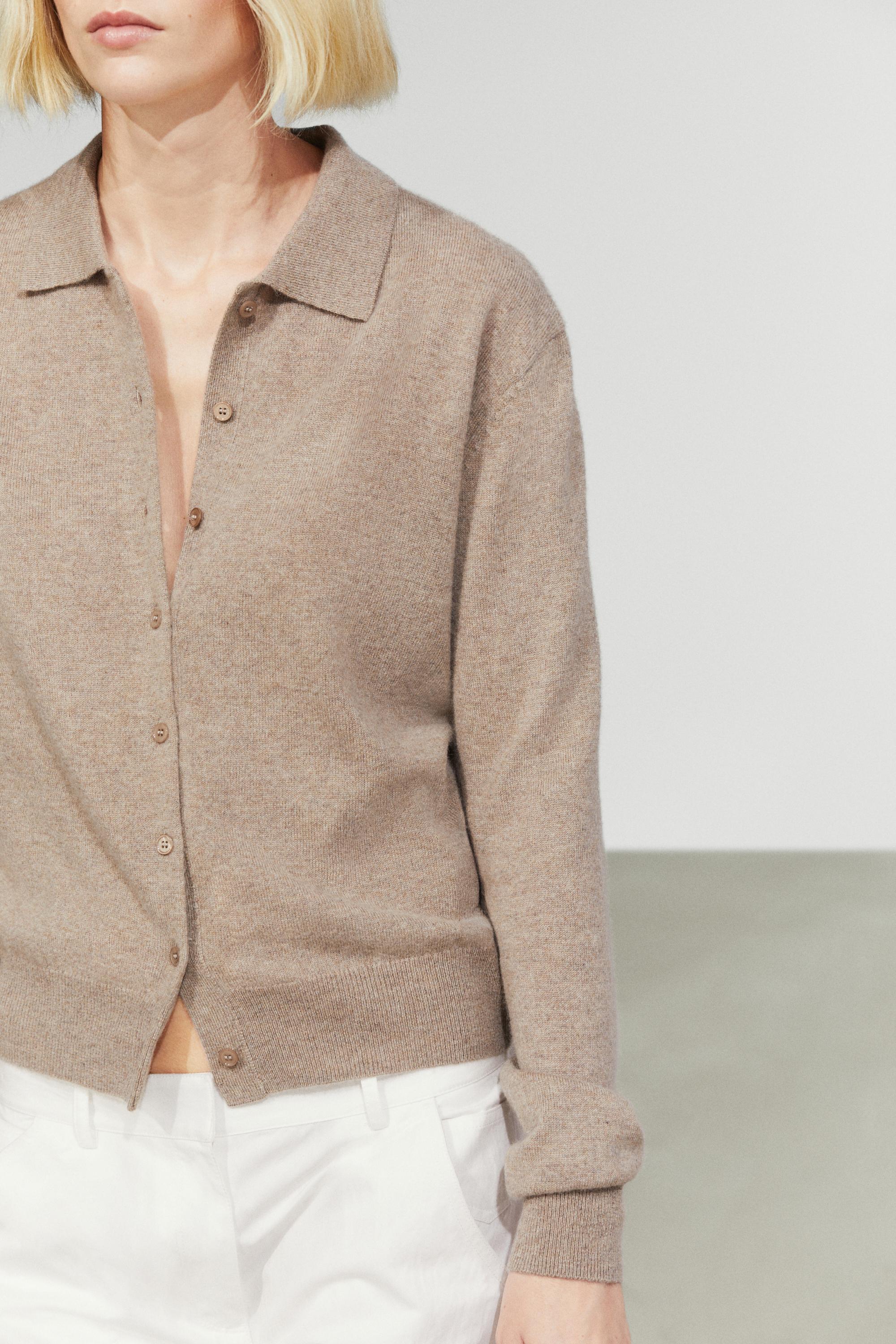 100% cashmere knit polo collar cardigan
