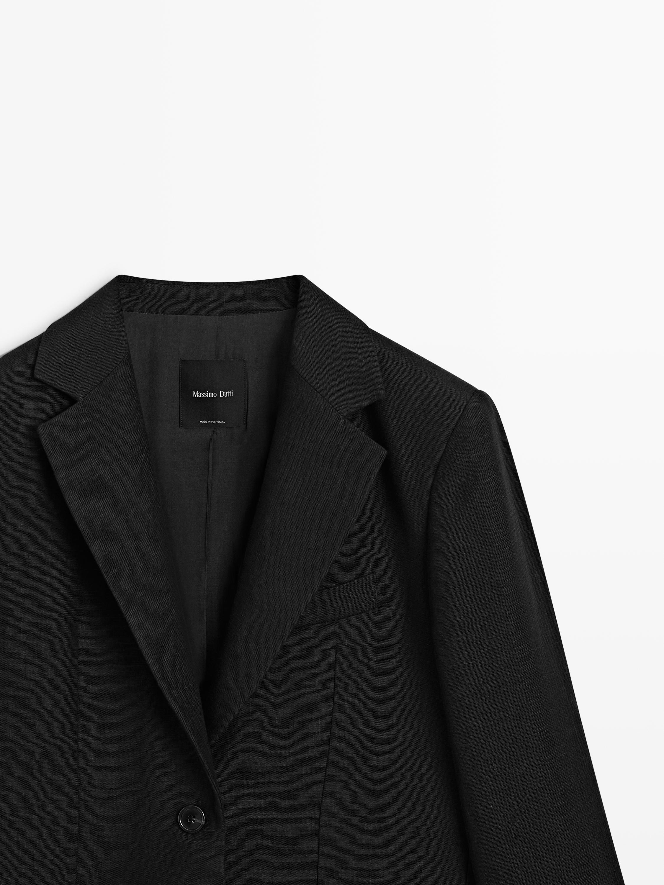 100% linen blazer with pockets — BLACK