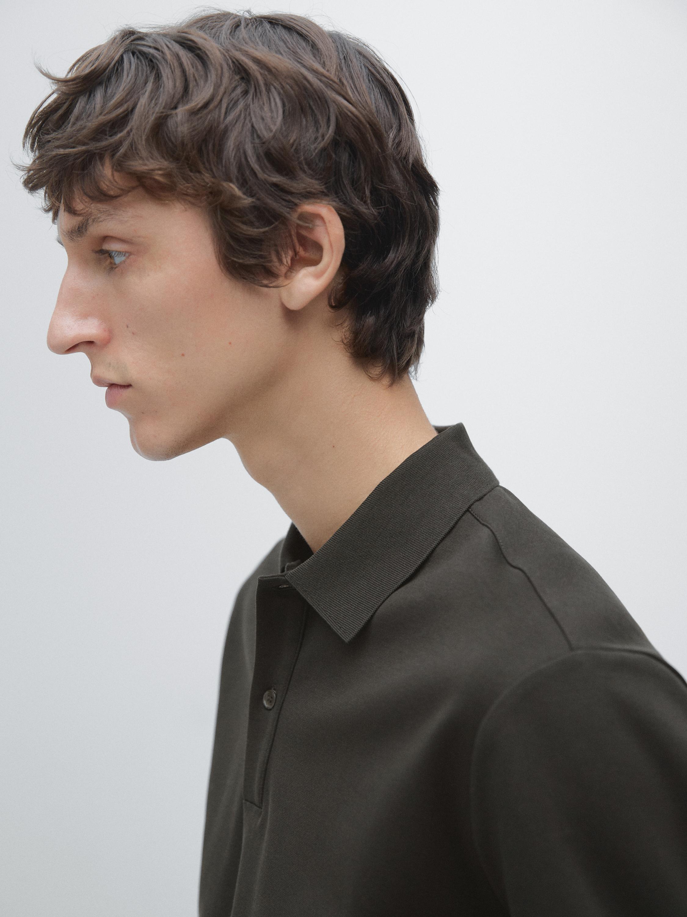 Long sleeve polo shirt with ribbed detail — CHARCOAL GREY