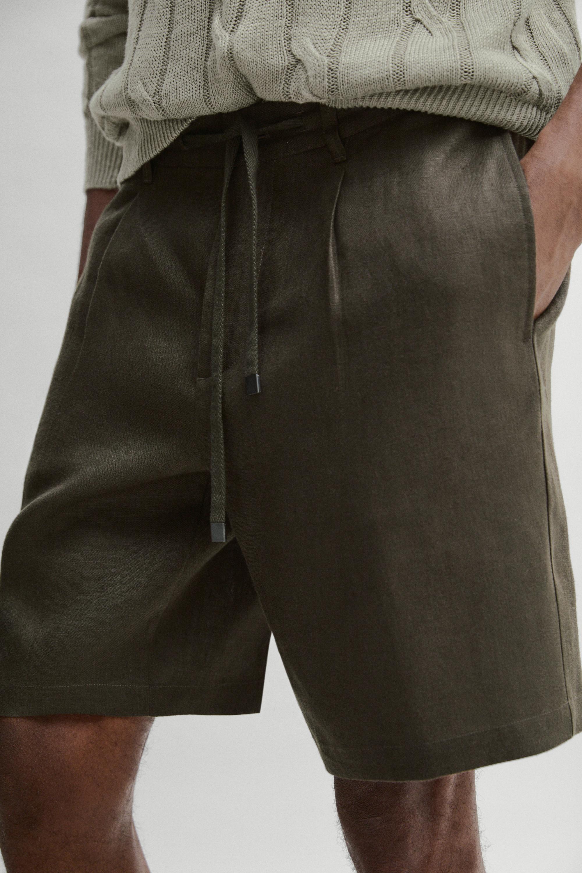 Linen co-ord elastic waist Bermuda shorts — DARK GREEN