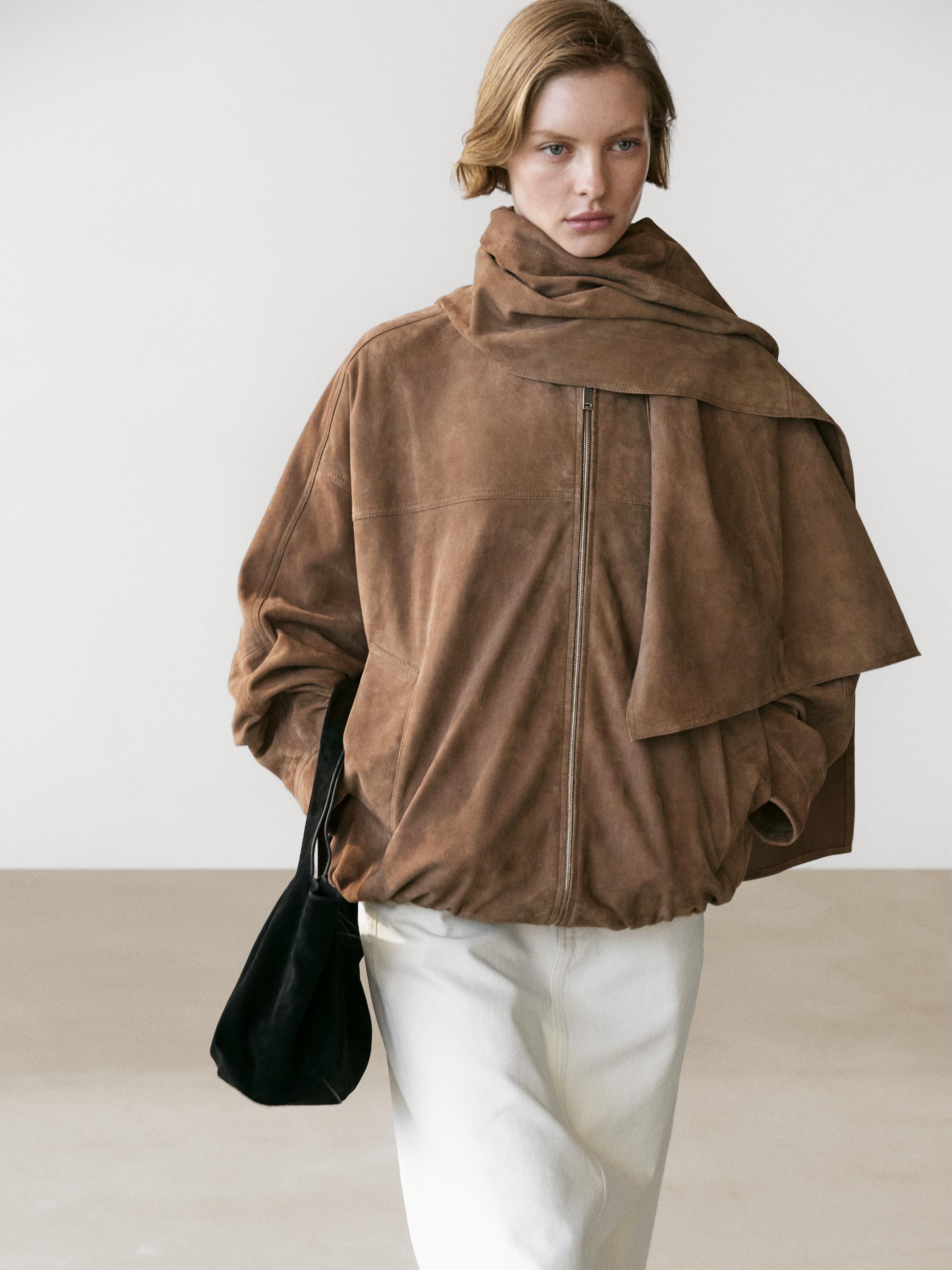 Suede leather bomber jacket with scarf detail — MOLE BROWN