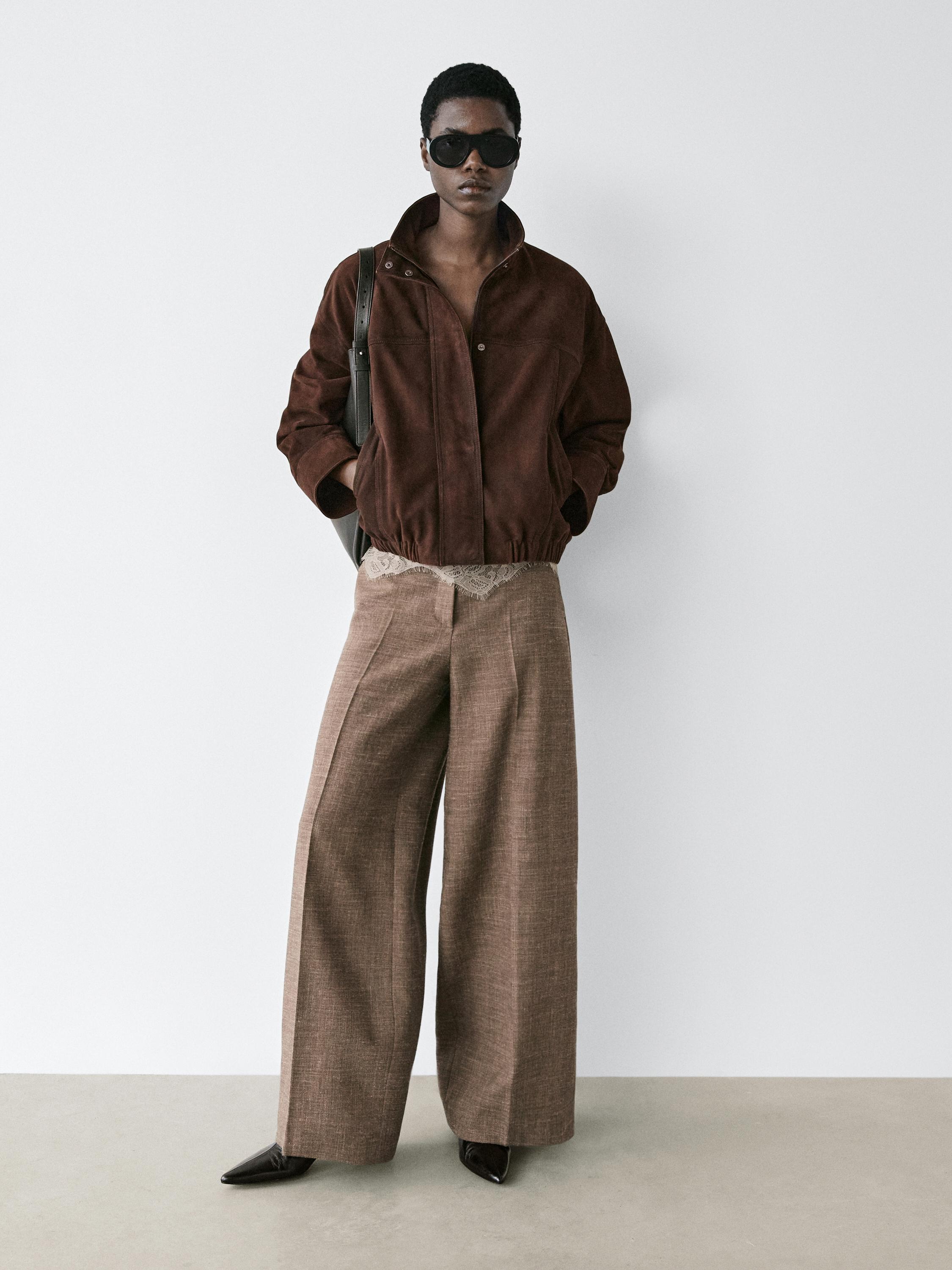 Wide-leg voluminous wool blend trousers — TAUPE GREY