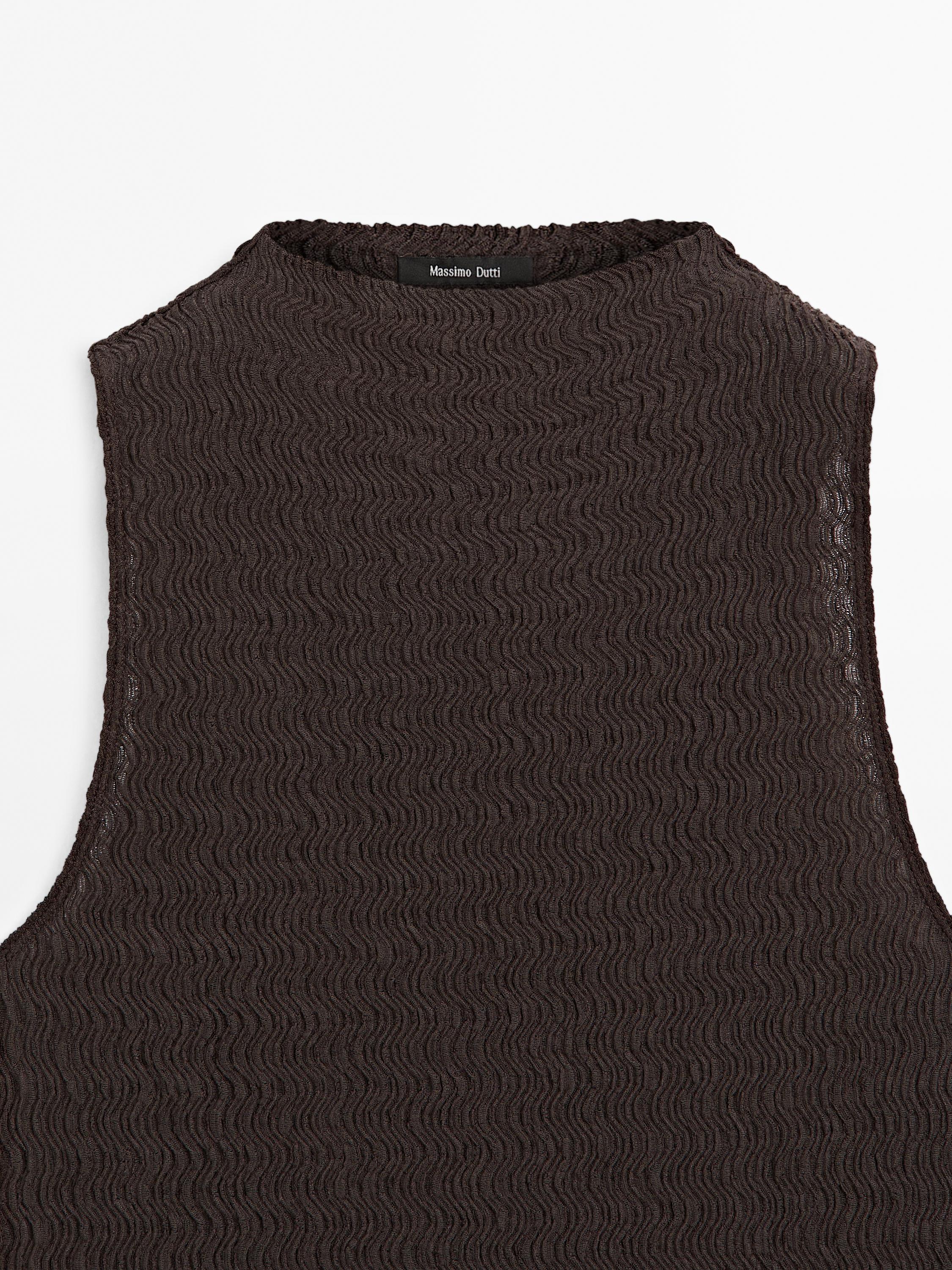 Chocolate linear waffle-knit funnel neck top