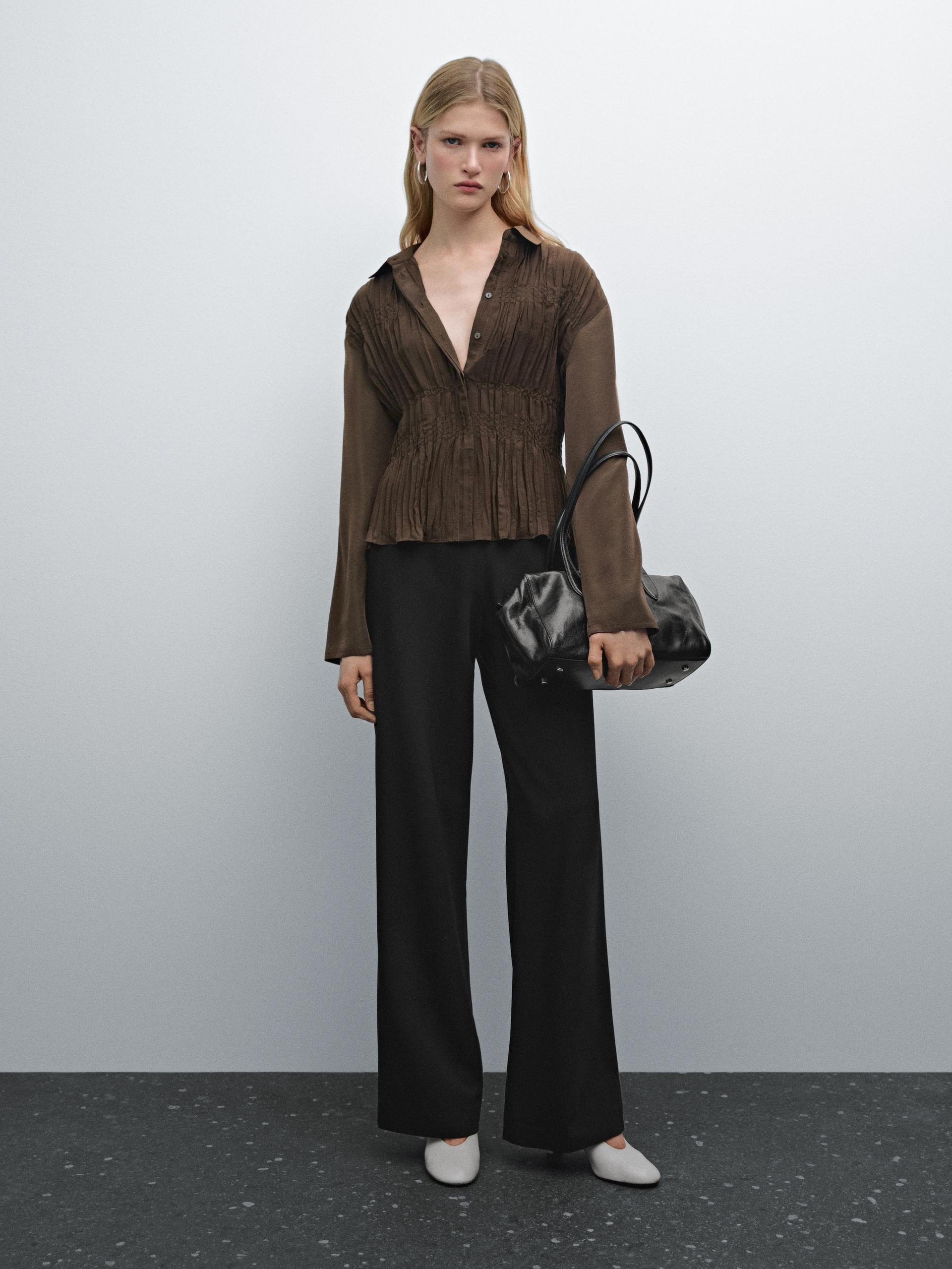Chemisier Fluide Et Froncé - Marron - L - Massimo Dutti - Femme