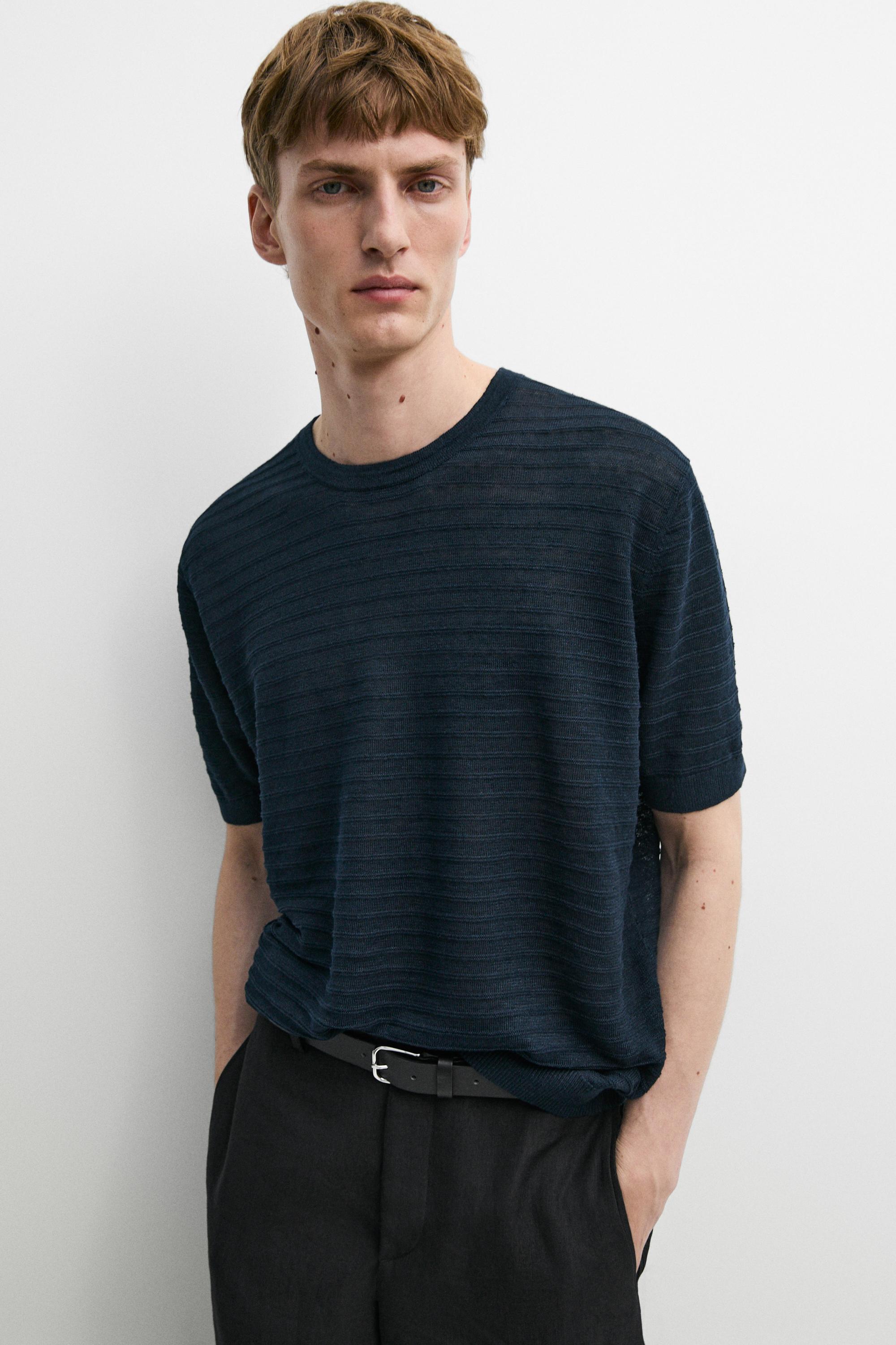 100% linen short sleeve knit sweater — NAVY BLUE