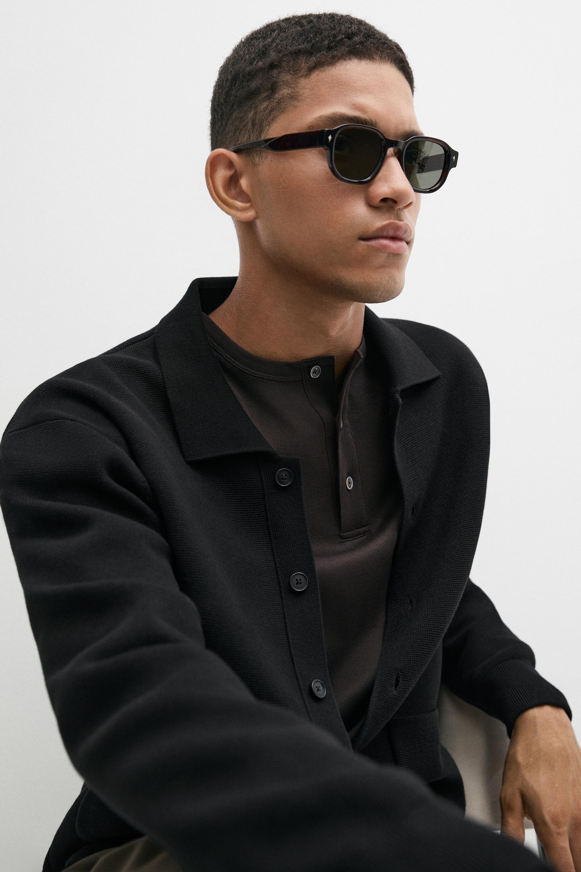 100% cotton knit polo collar cardigan — BLACK