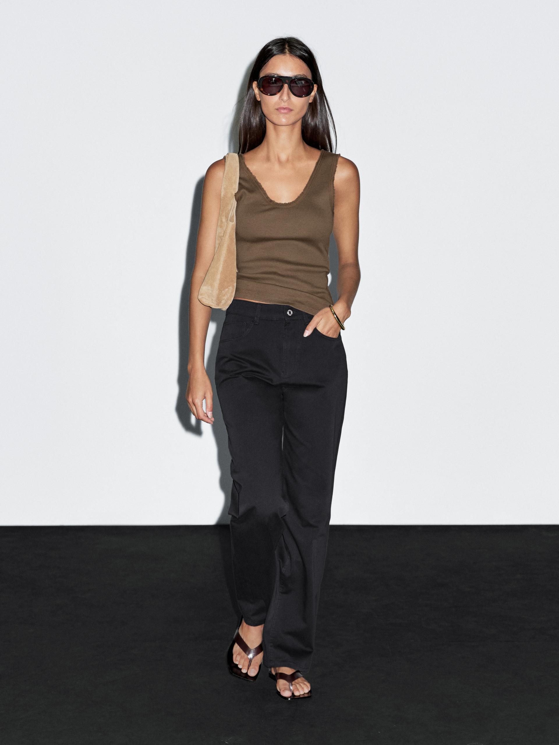 Top Avec Liseré Effiloché En Coton Mélangé - Marron Taupe - L - Massimo Dutti - Femme