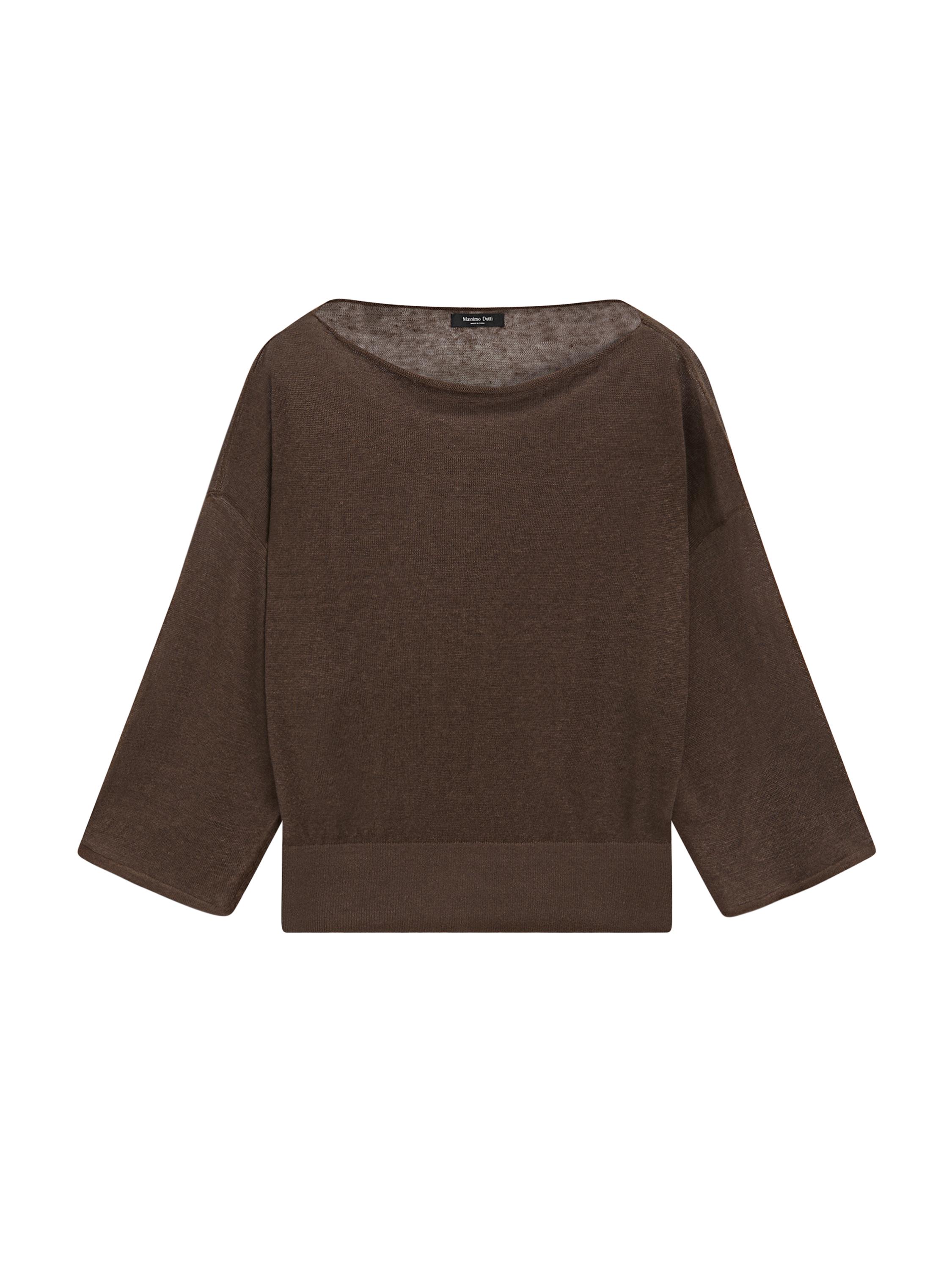 Linen knit boat neck T-shirt — BROWN