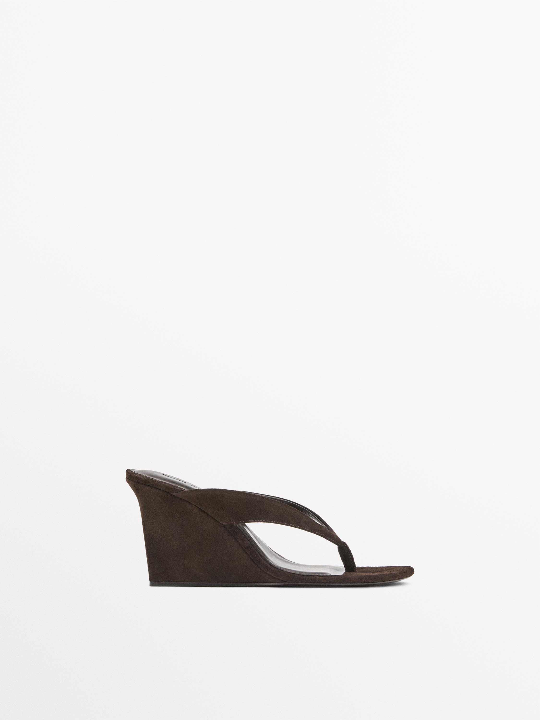 Split leather high-heel wedge sandals — BROWN
