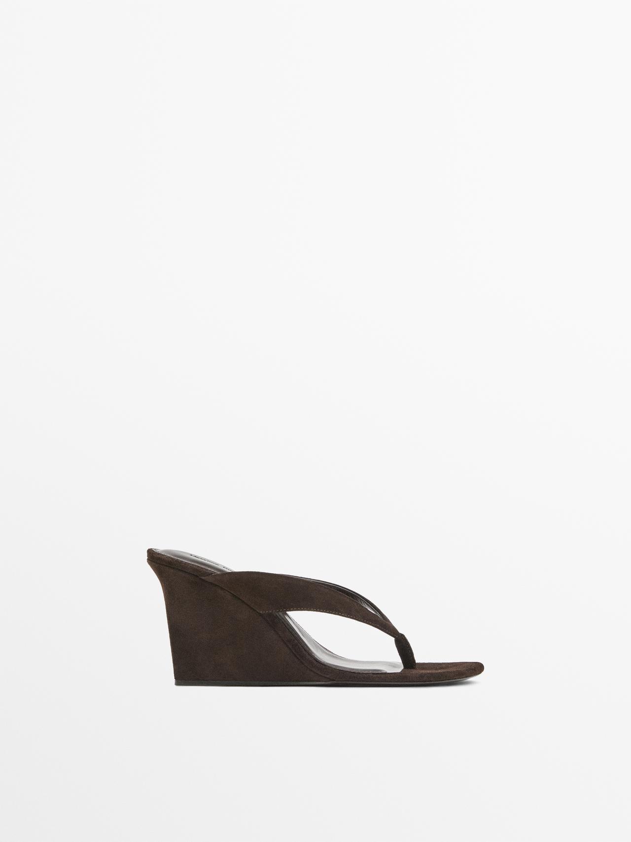 Massimo Dutti - Dame - Sandaler Med Kilehæl I Skind Og Spaltlæder - Brun - 40