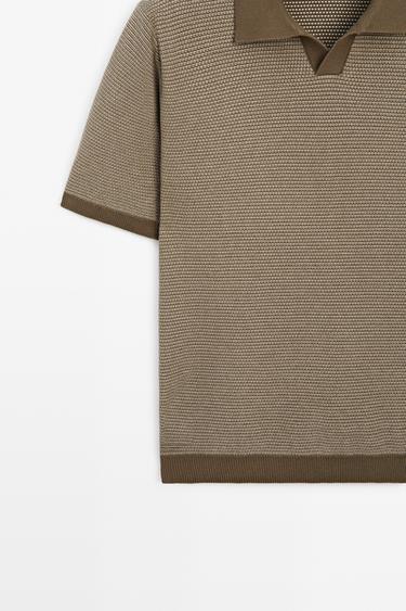 100% cotton contrast knit polo sweater — KHAKI 7