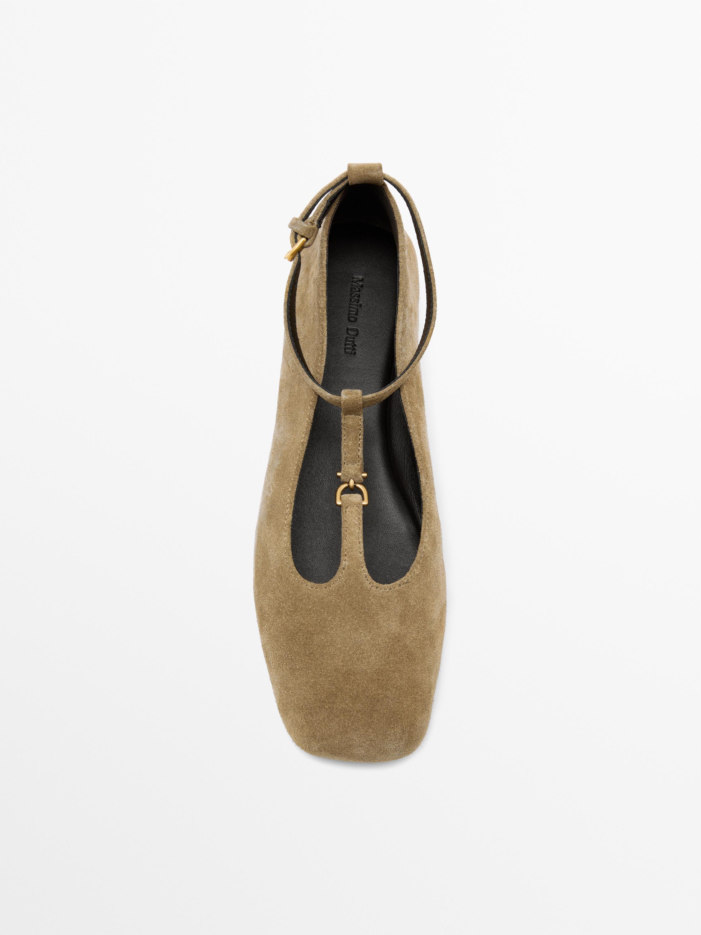 Split suede ballet flats with instep strap — TAUPE