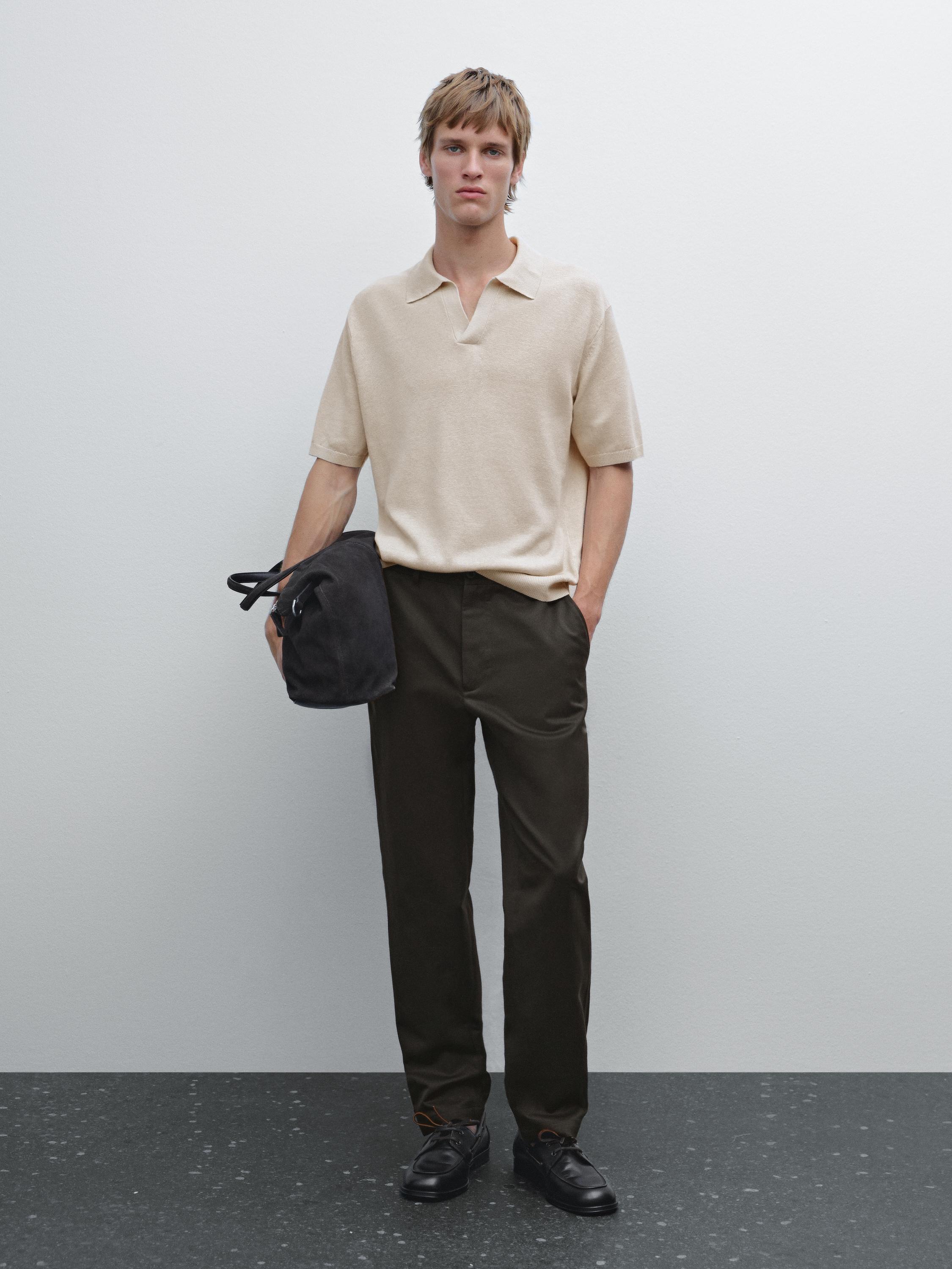 Cotton and linen blend knit V-neck polo shirt