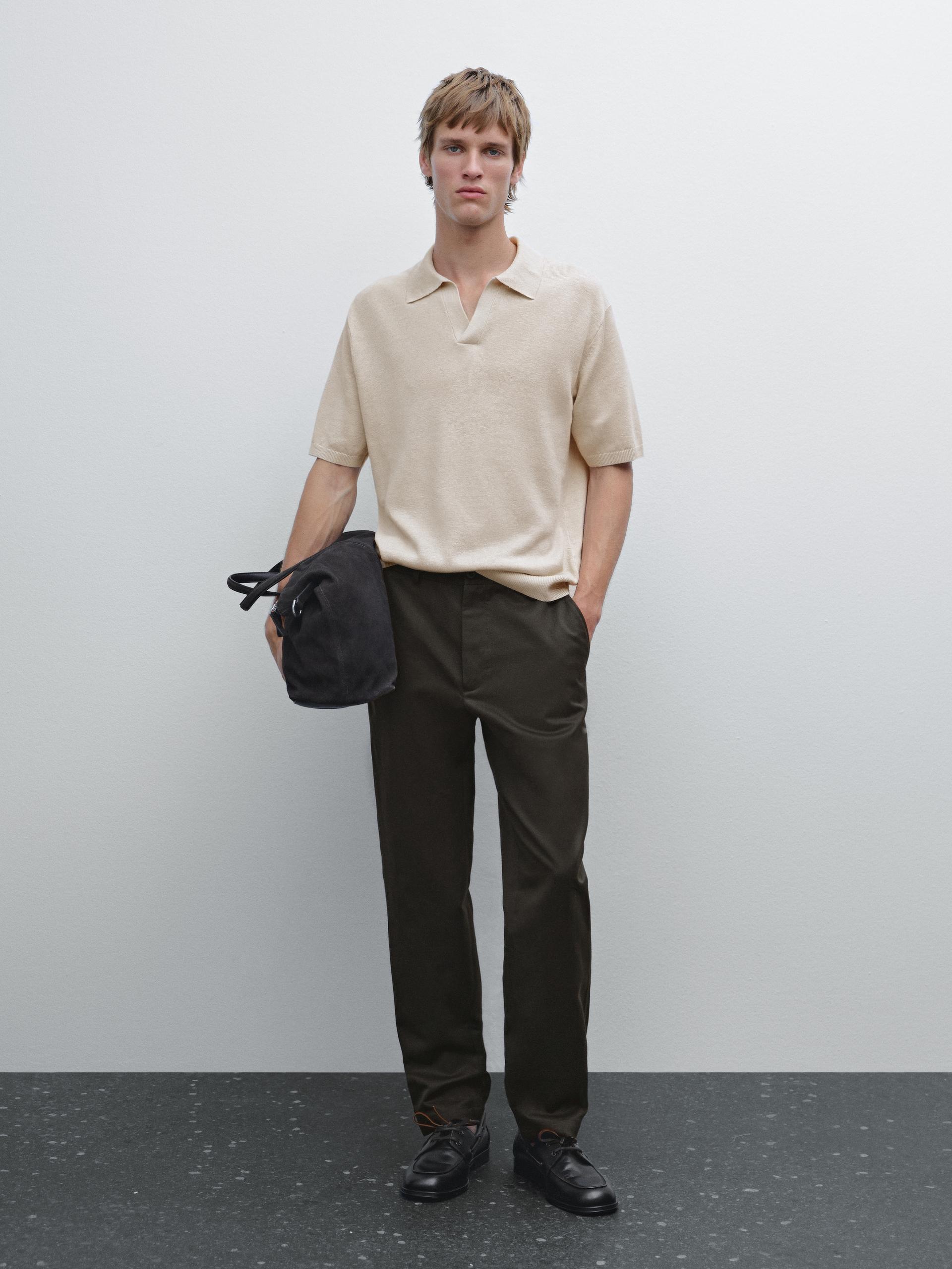 Polo Col V En Maille De Coton Et Lin Mélangés - Beige - L - Massimo Dutti - Homme