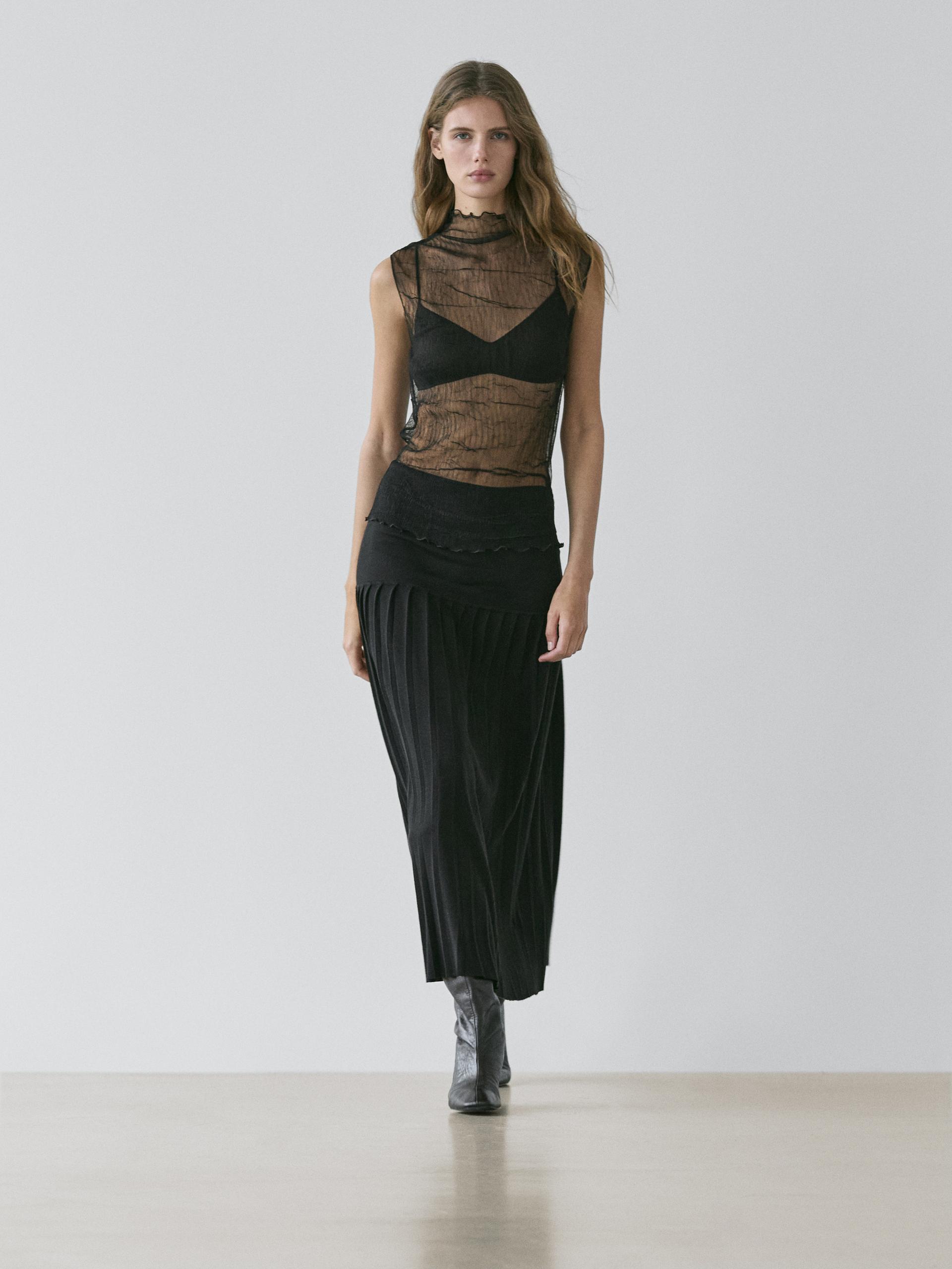 Top Con Collo Alto E Trasparenza - Nero - Xs - Massimo Dutti - Femminile