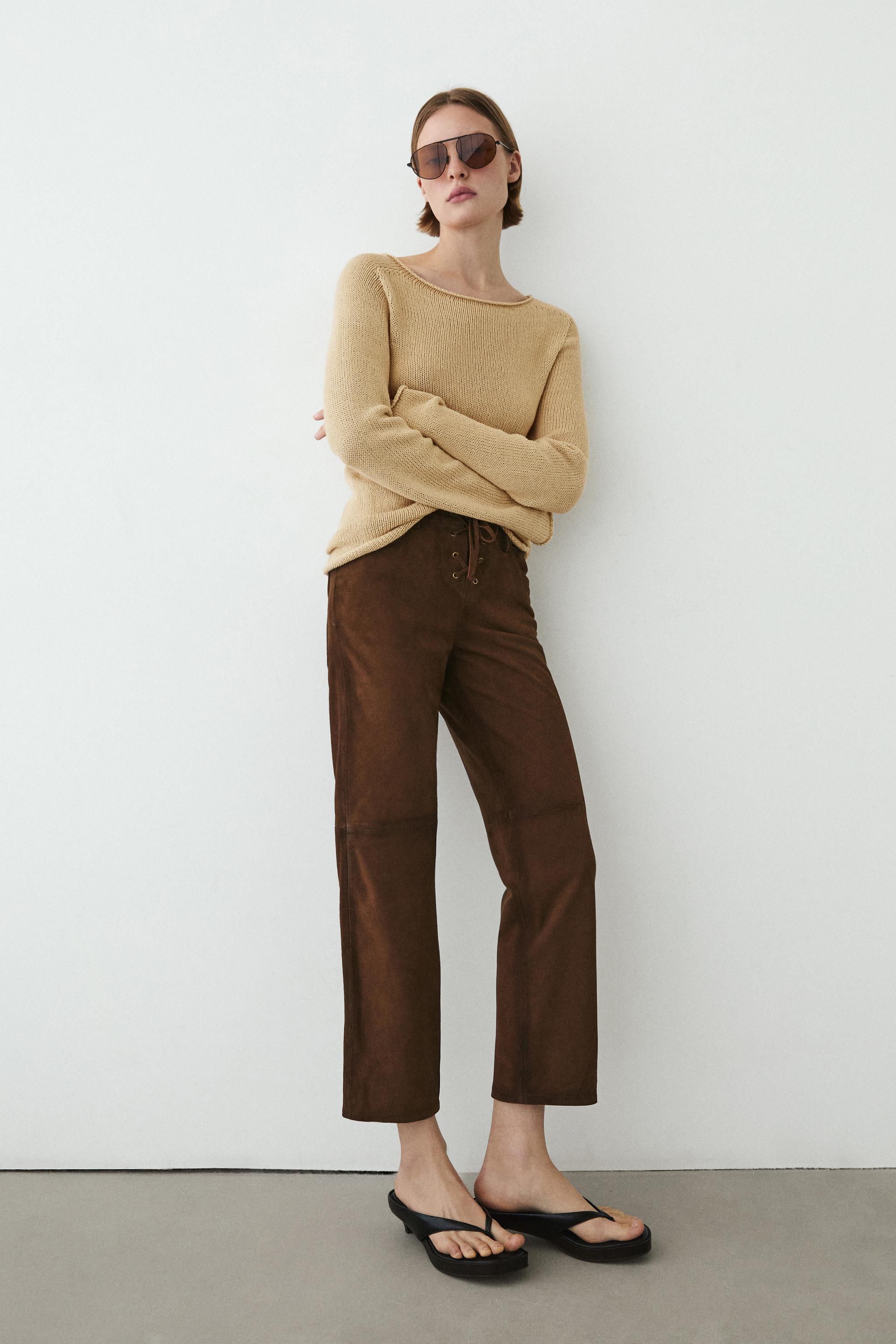 Cropped suede leather trousers with drawstrings — BROWN