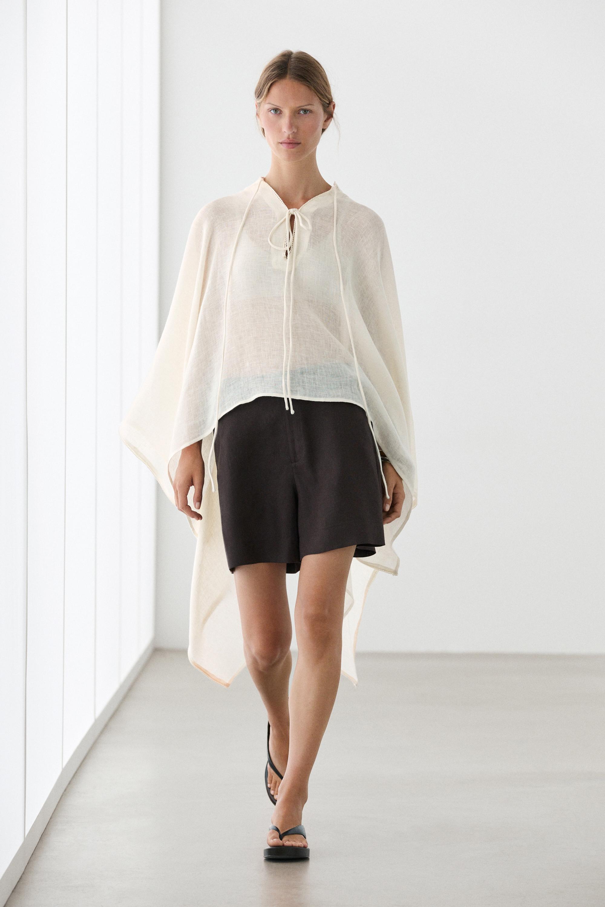 100% linen stand collar cape — CREAM